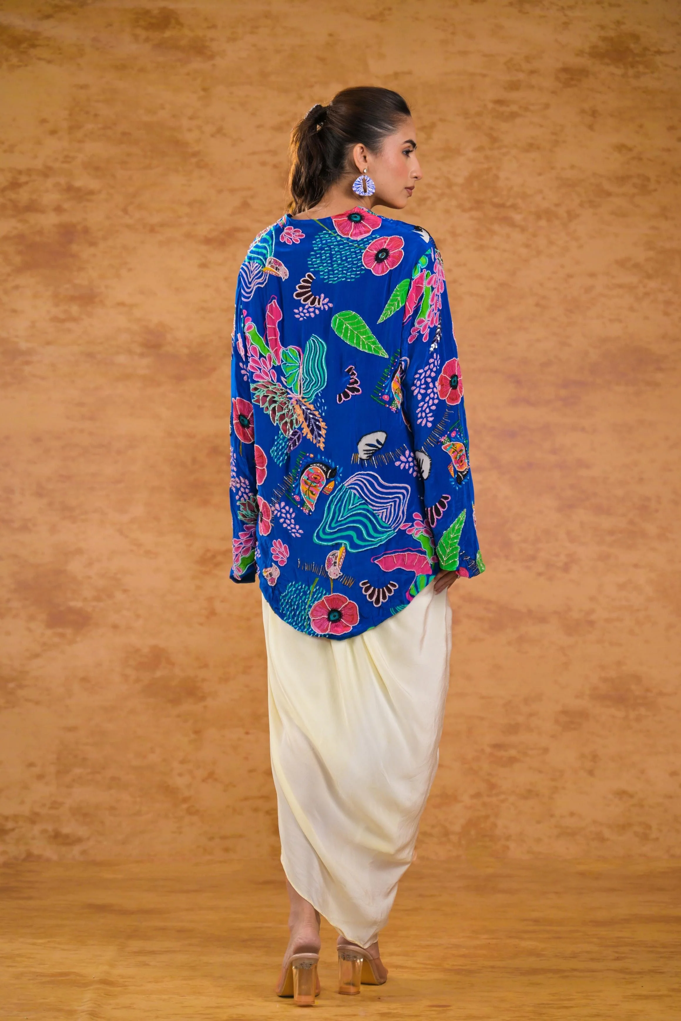 Blue Floral Printed Premium Silk Jacket Draped Gown - Image 5