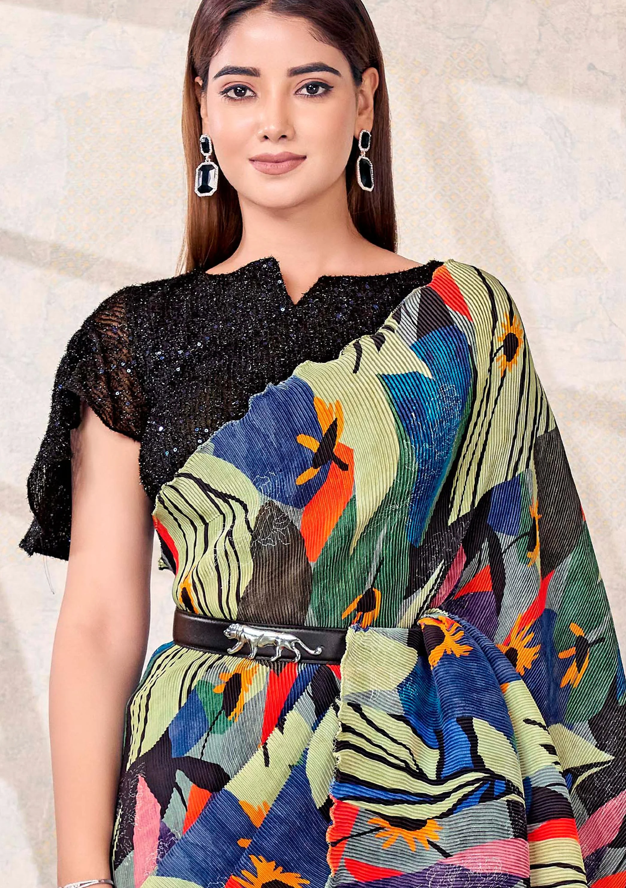 Blue-Green Abstract Satin Silk Saree - Image 2