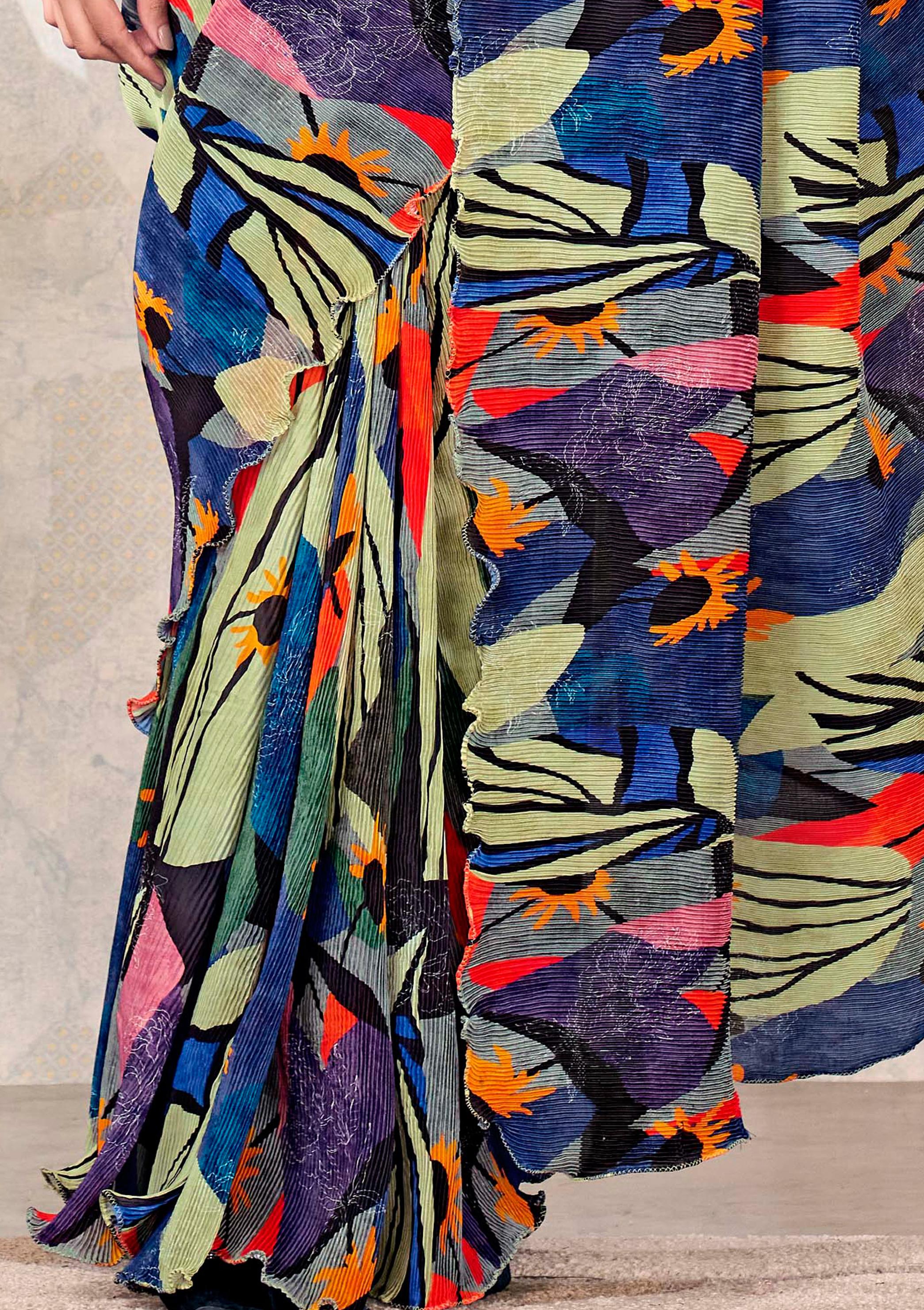 Blue-Green Abstract Satin Silk Saree - Image 4