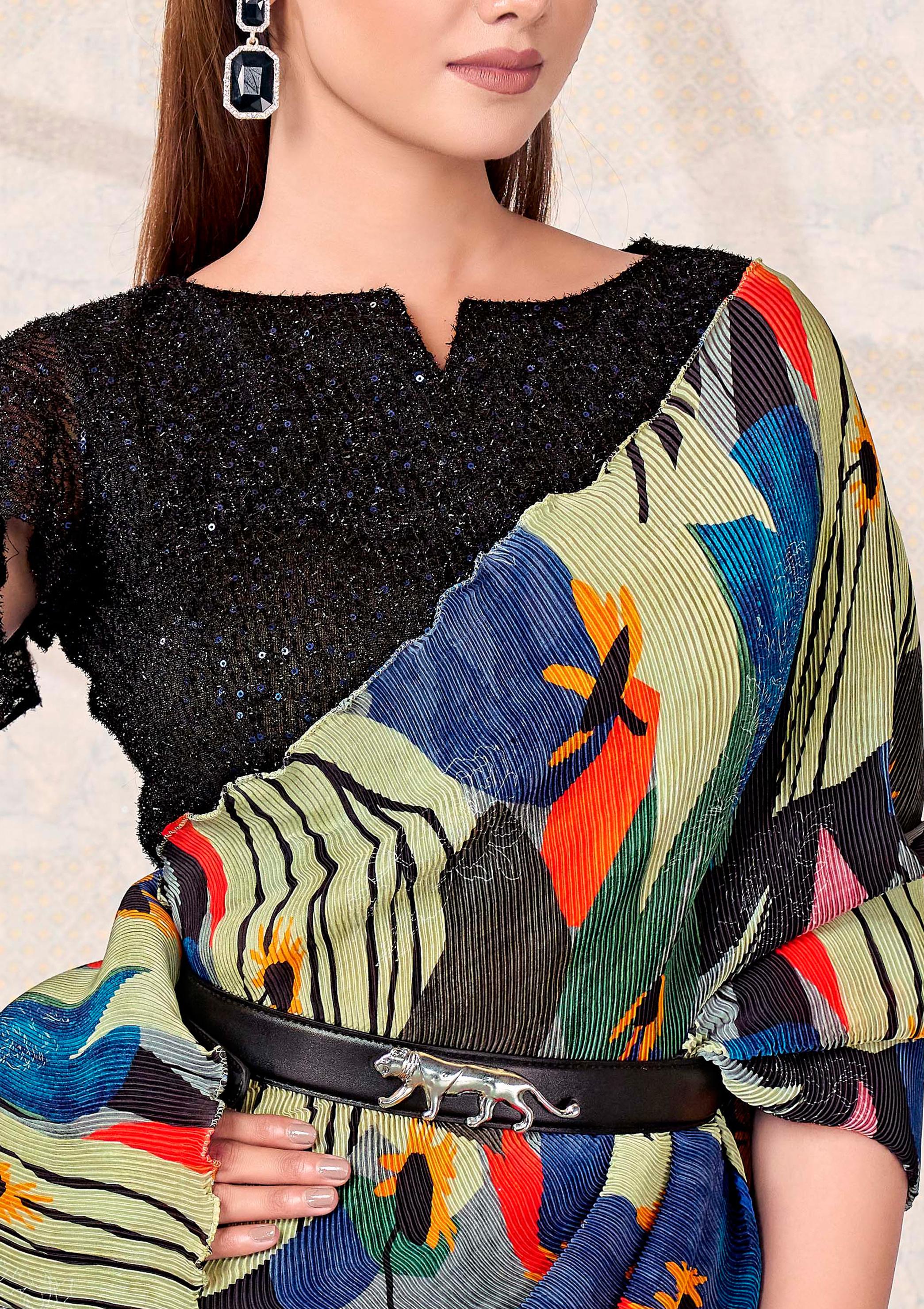 Blue-Green Abstract Satin Silk Saree - Image 6