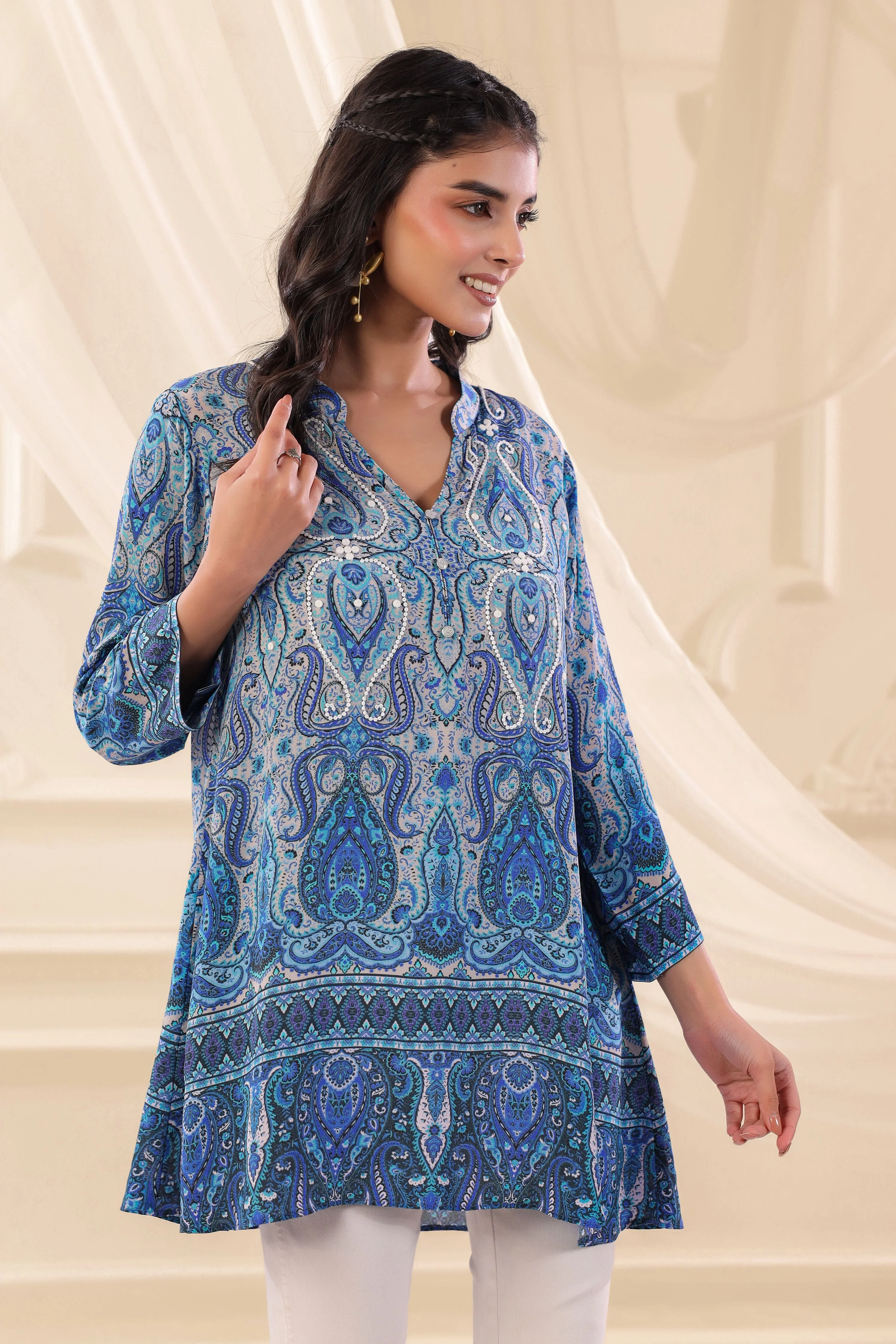 Blue Paisley Printed Crepe Silk Top - Image 2