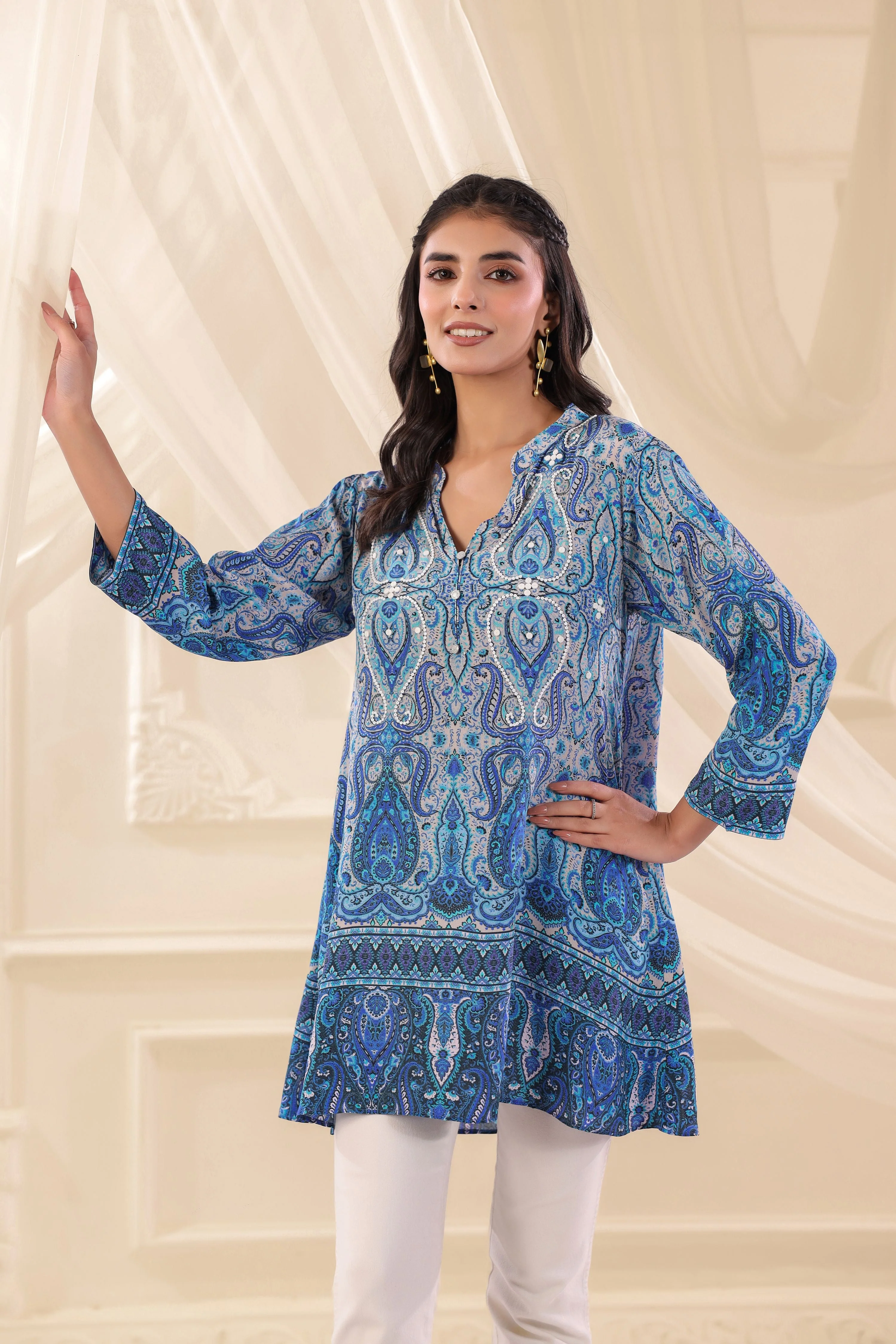 Blue Paisley Printed Crepe Silk Top - Image 3