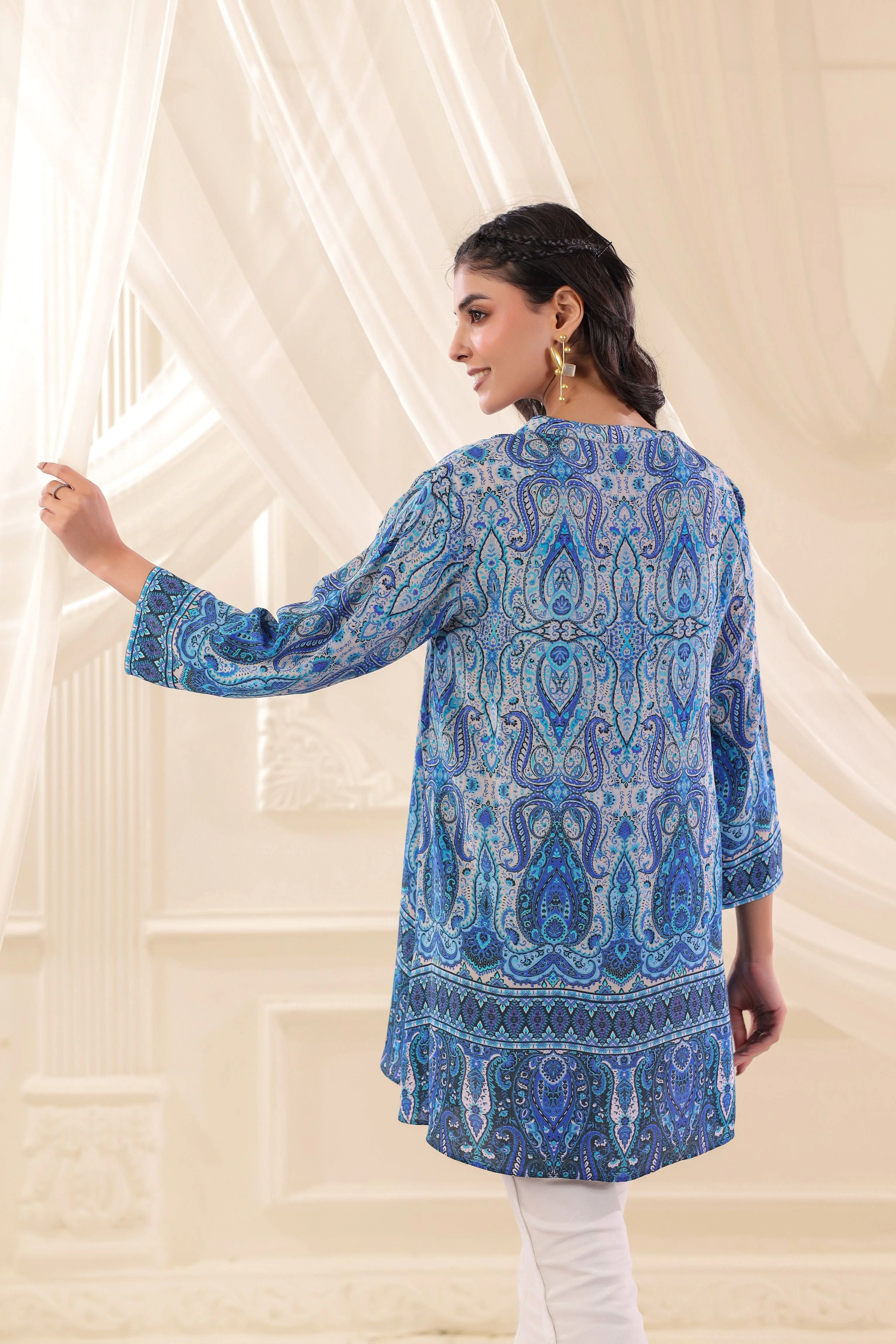 Blue Paisley Printed Crepe Silk Top - Image 4