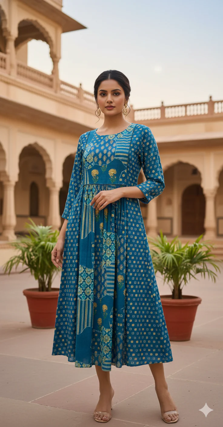 Indigo Blue Printed Crepe Silk Midi Dress