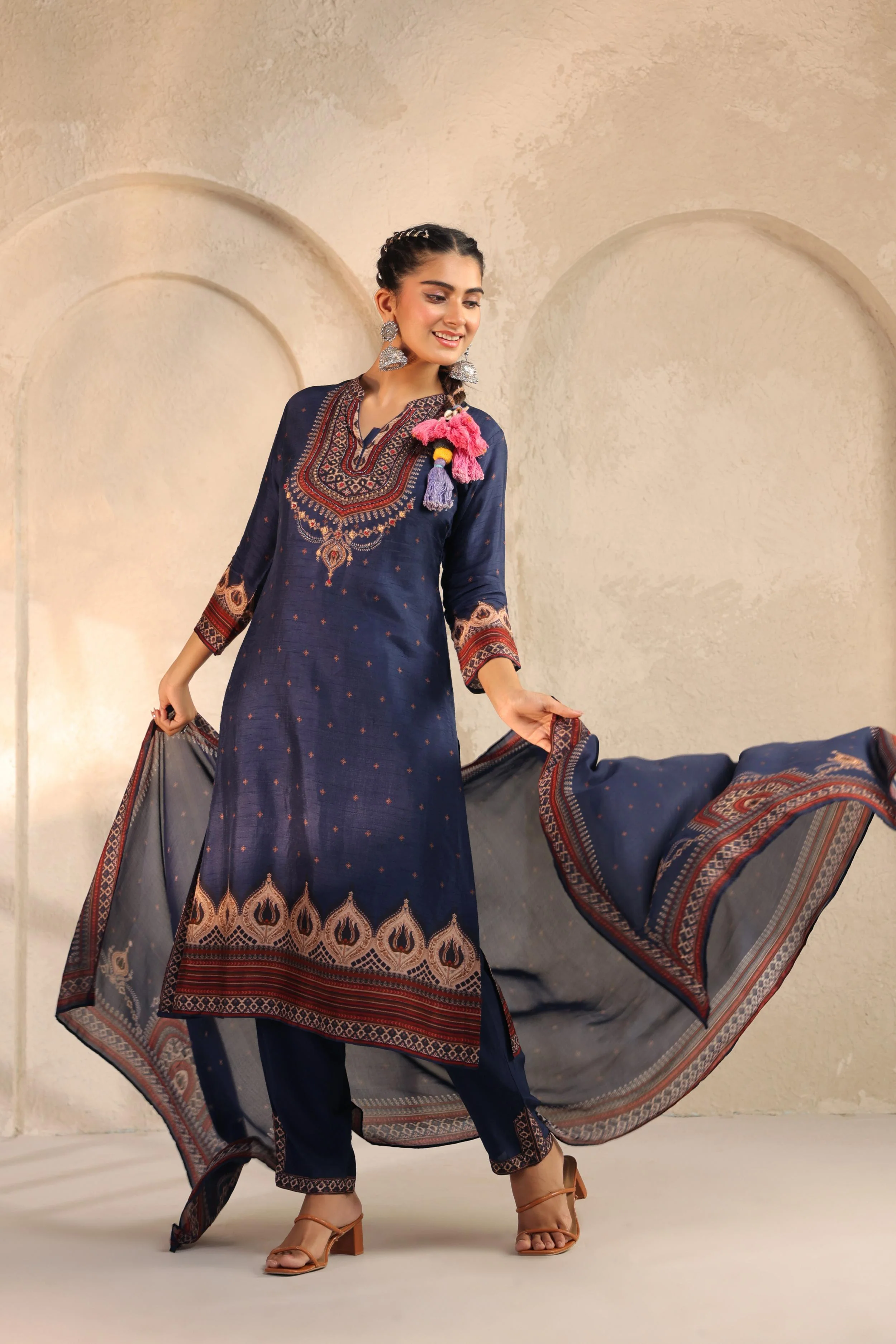 Deep Blue Printed Dola Silk Pant Set - Image 3