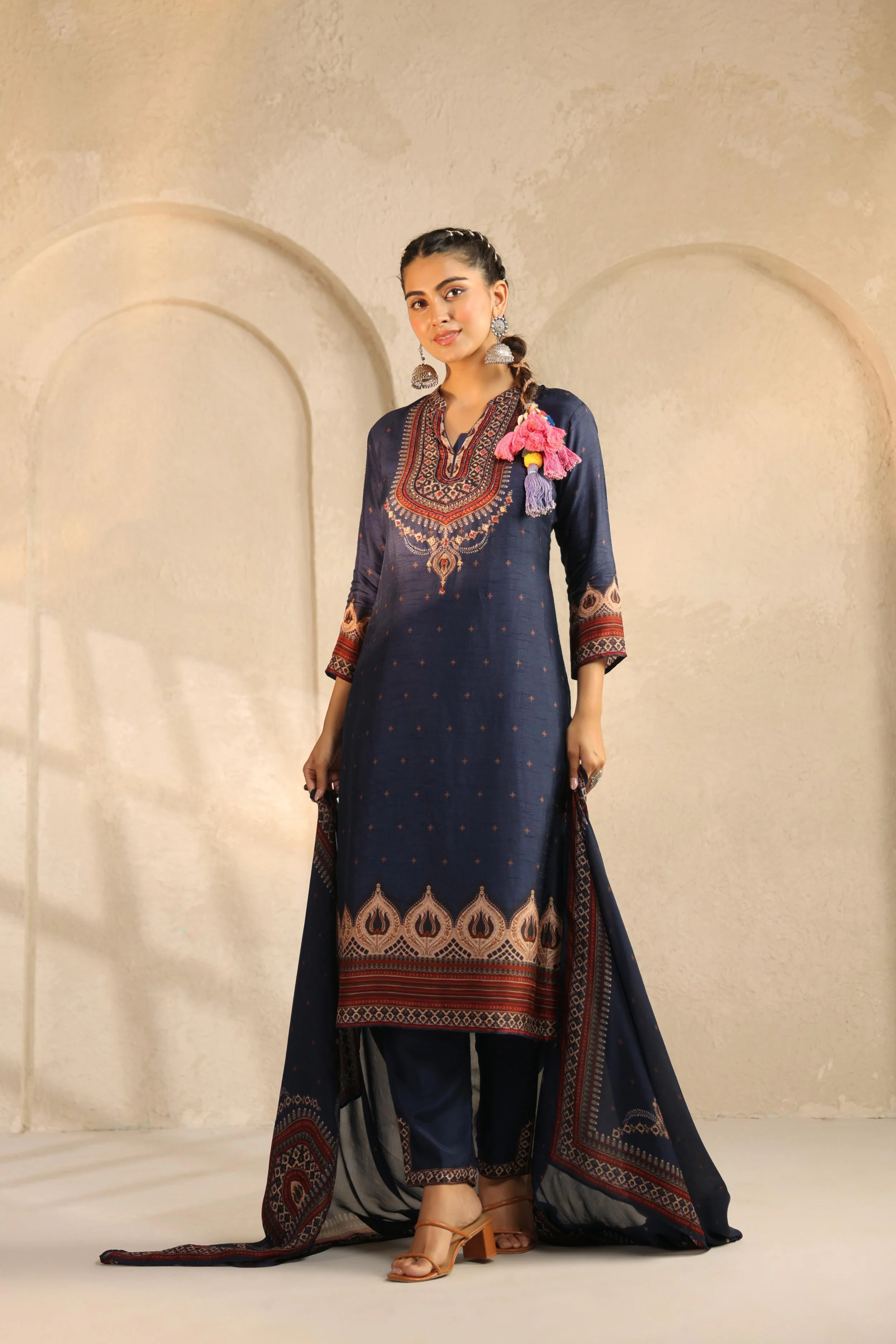 Deep Blue Printed Dola Silk Pant Set - Image 4