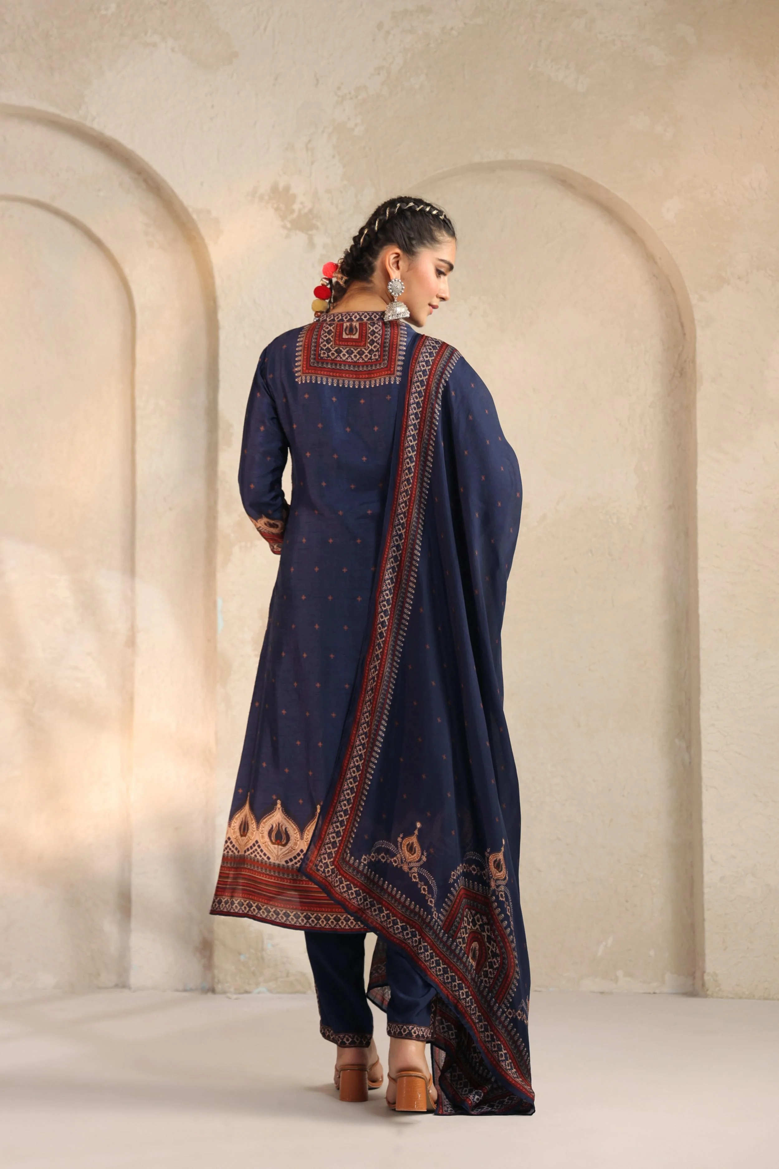 Deep Blue Printed Dola Silk Pant Set - Image 5