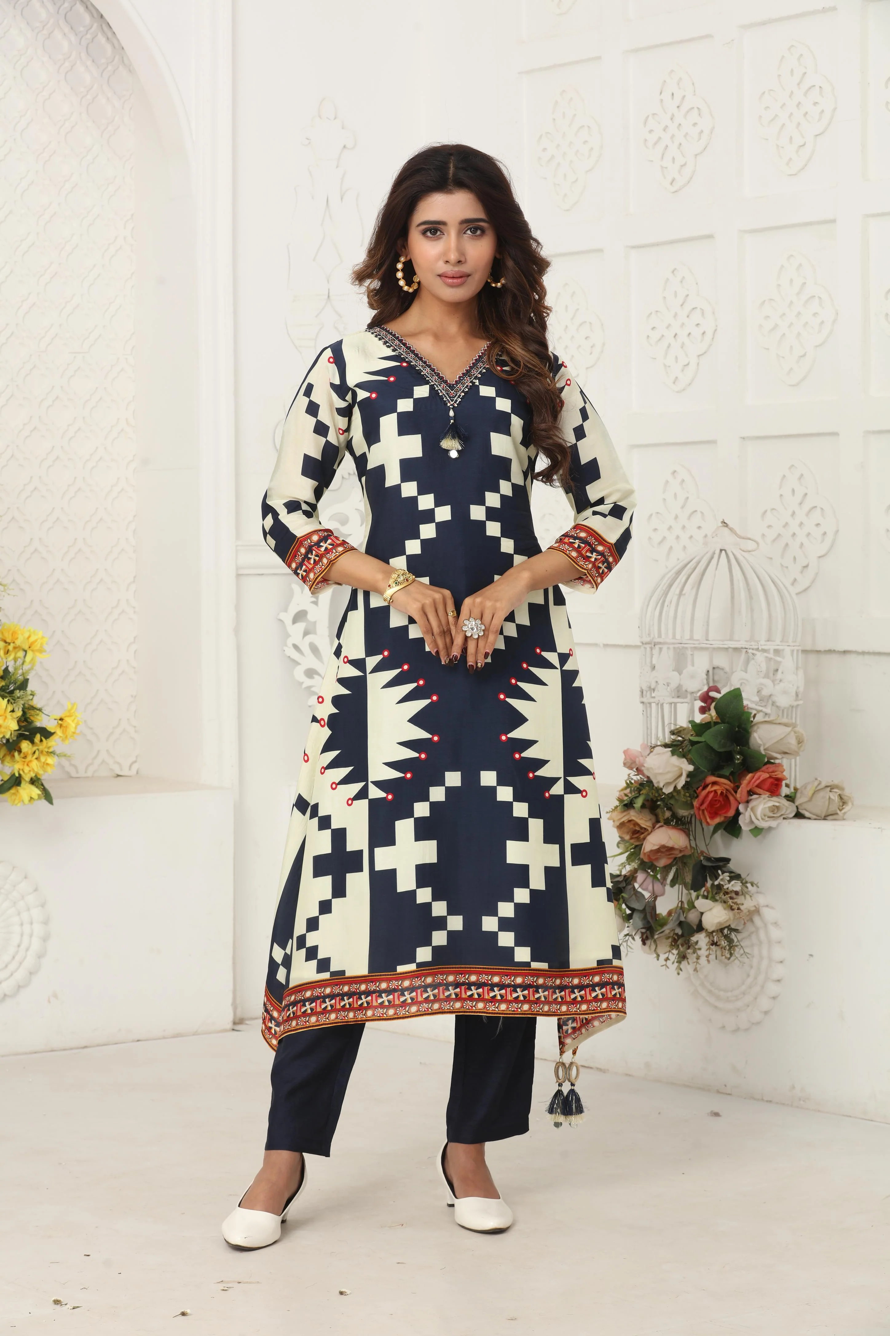Blue Printed Premium Silk Kurta Set