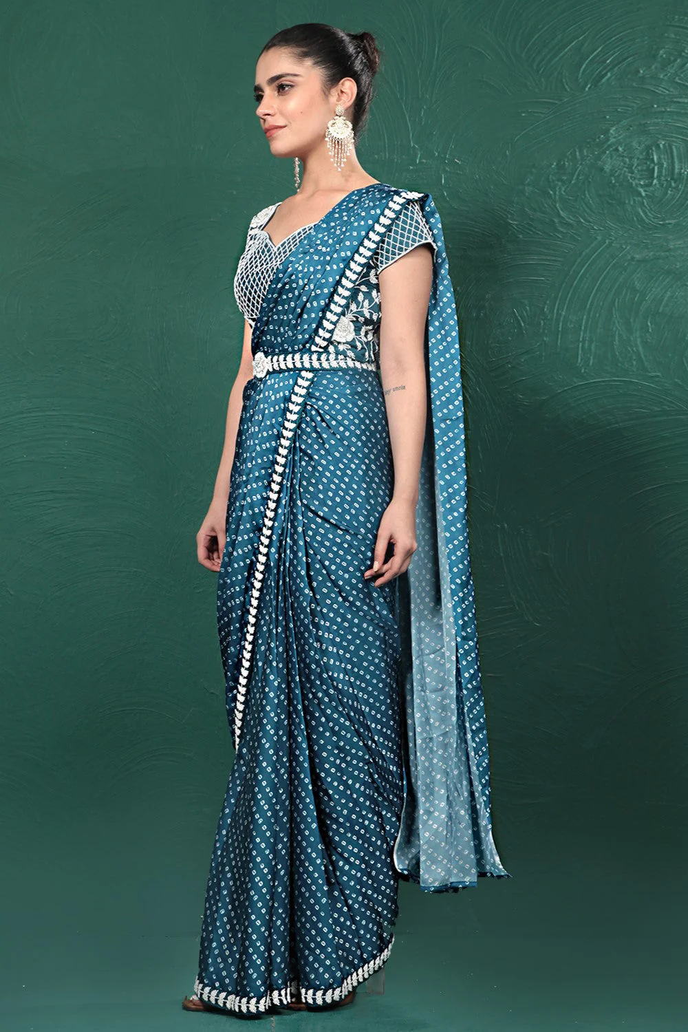 Teal Blue Bandhani Satin Silk Saree - Image 2