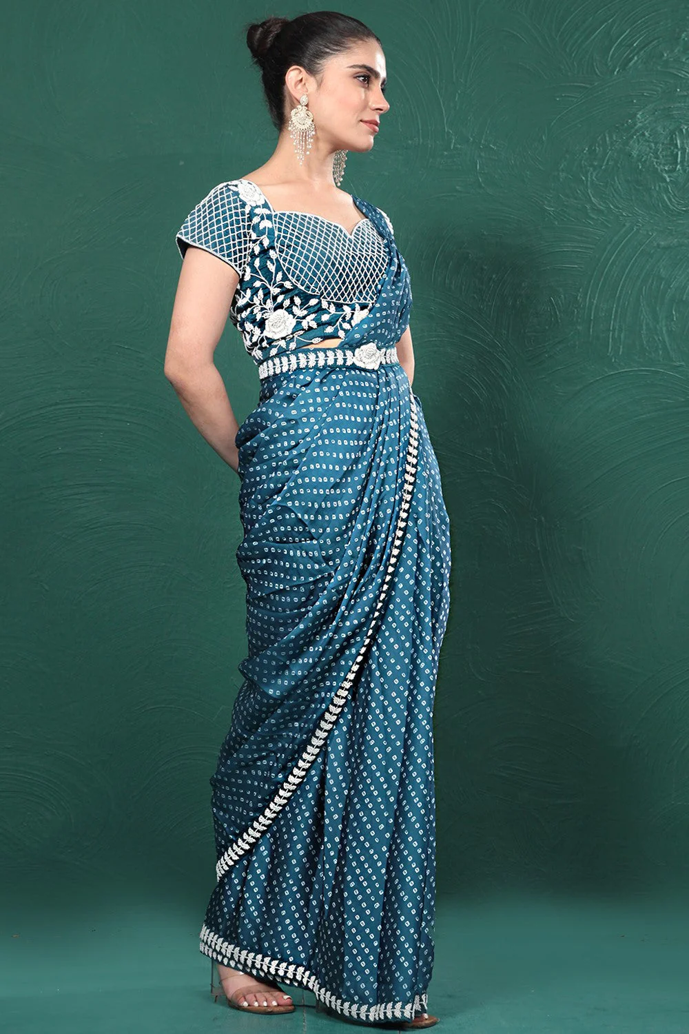 Teal Blue Bandhani Satin Silk Saree - Image 3