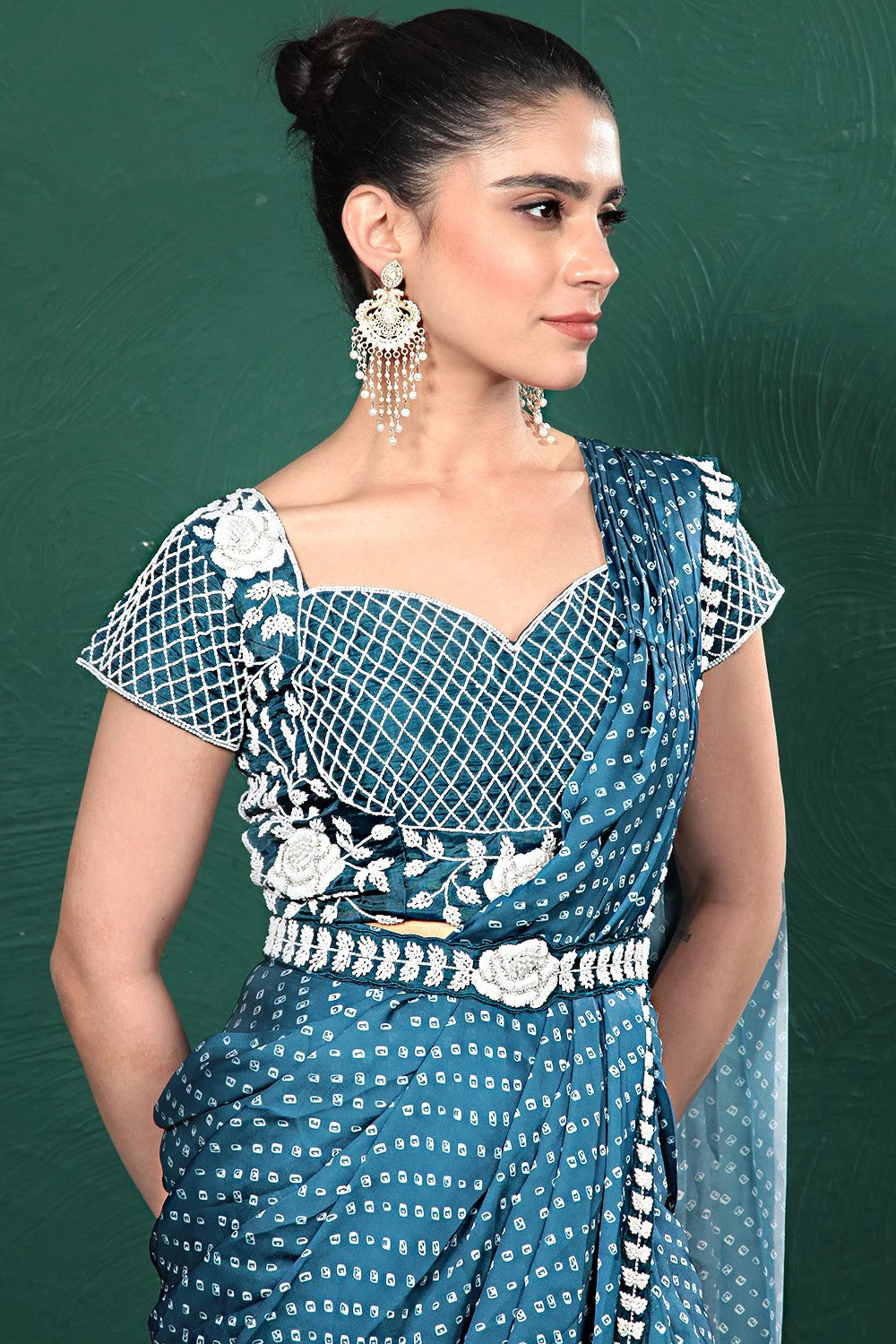 Teal Blue Bandhani Satin Silk Saree - Image 4