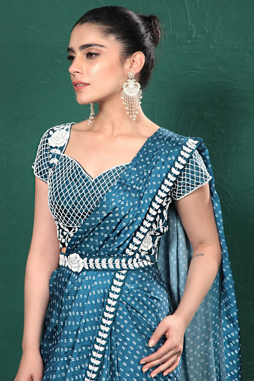 Teal Blue Bandhani Satin Silk Saree - Image 5