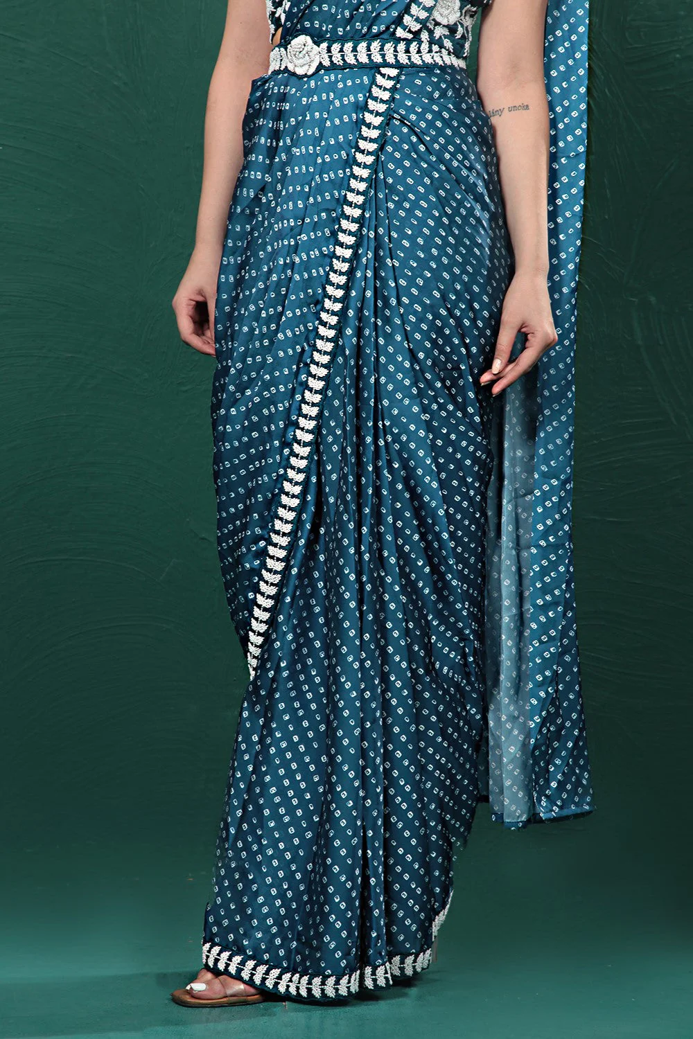 Teal Blue Bandhani Satin Silk Saree - Image 6