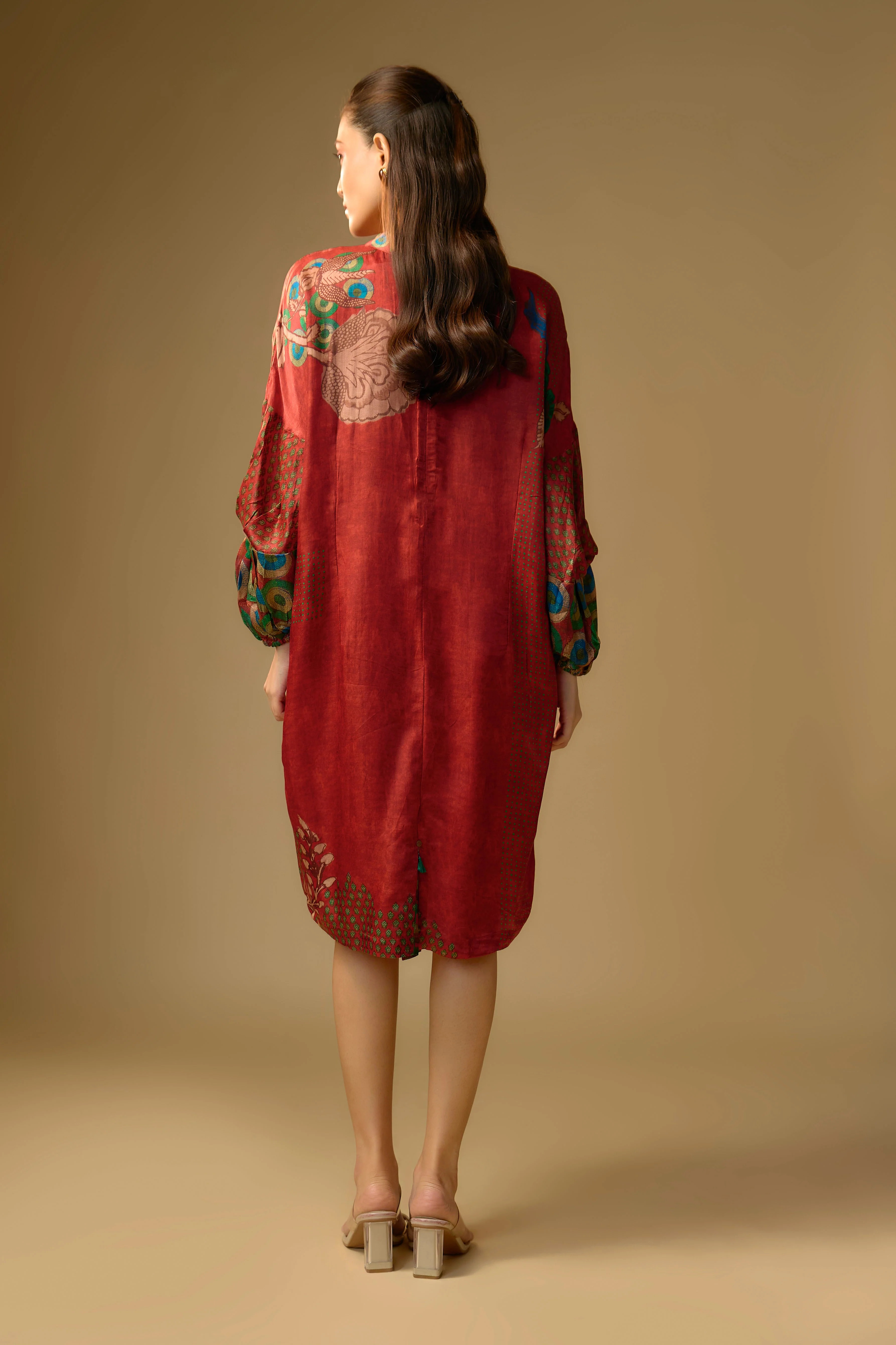 Red Printed Slub Cotton Silk Tunic Dress - Image 3