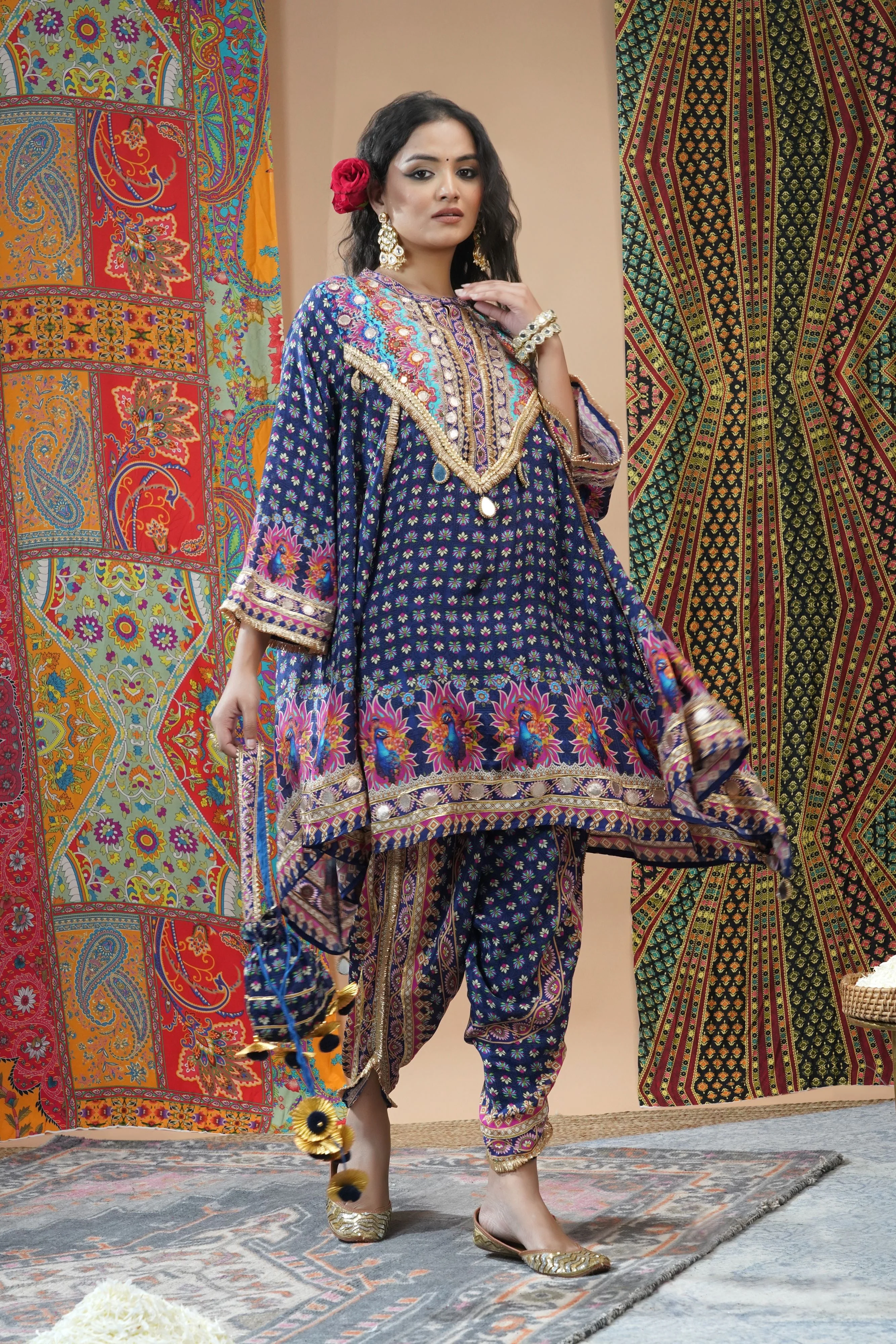 Blue Ethnic Printed Crepe Silk Dhoti Set - Image 3