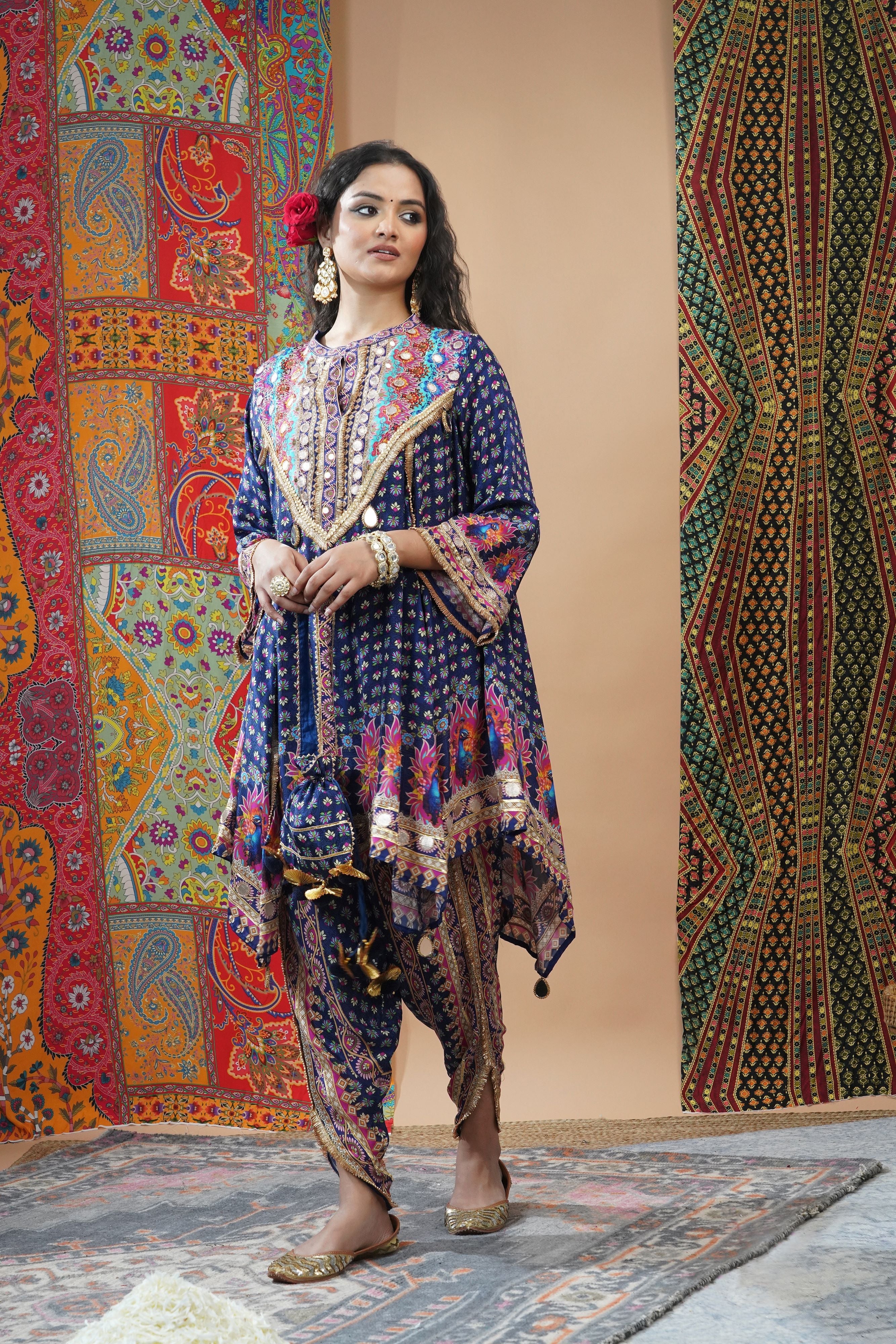 Blue Ethnic Printed Crepe Silk Dhoti Set - Image 4