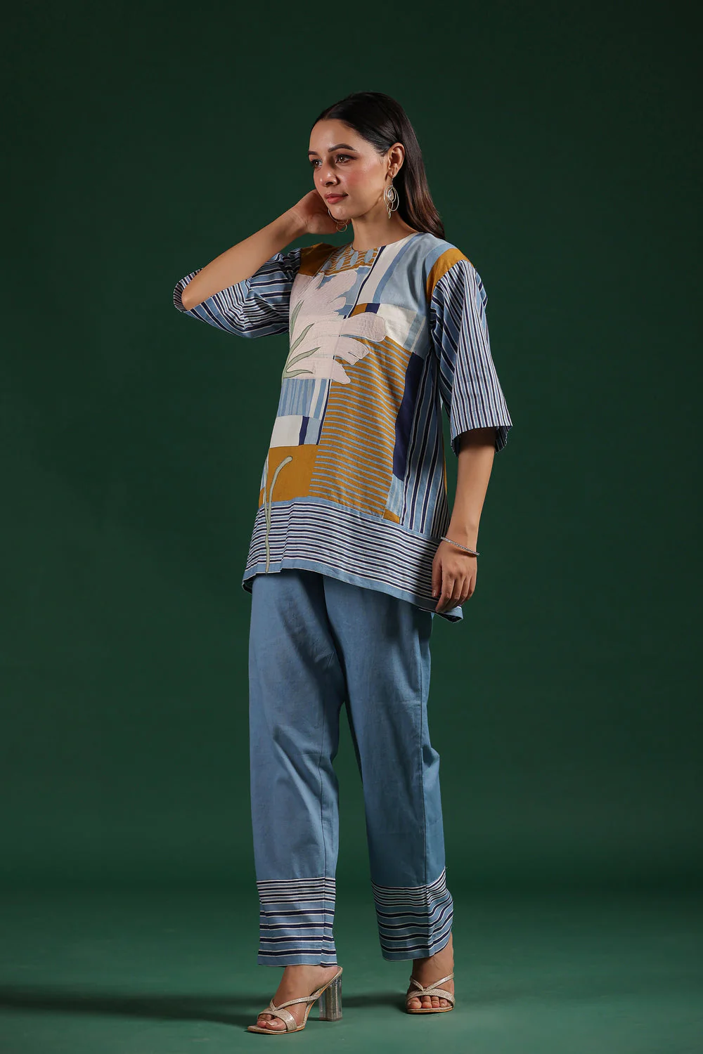 Blue Striped French Cotton Appliqued Co-Ord Set - Image 3