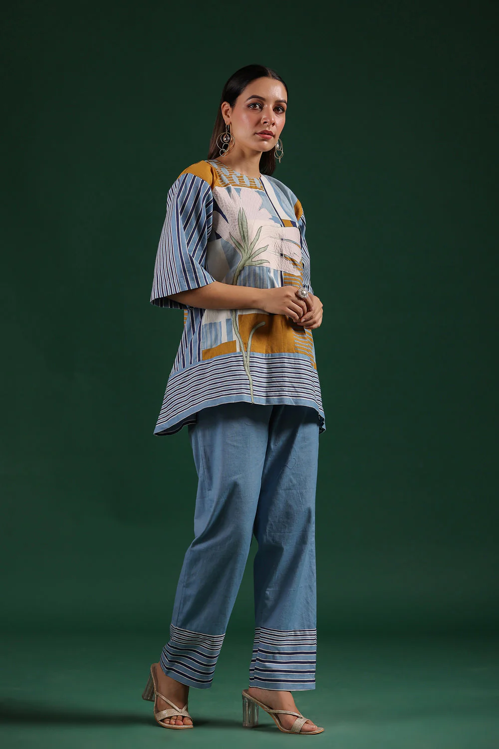 Blue Striped French Cotton Appliqued Co-Ord Set - Image 4