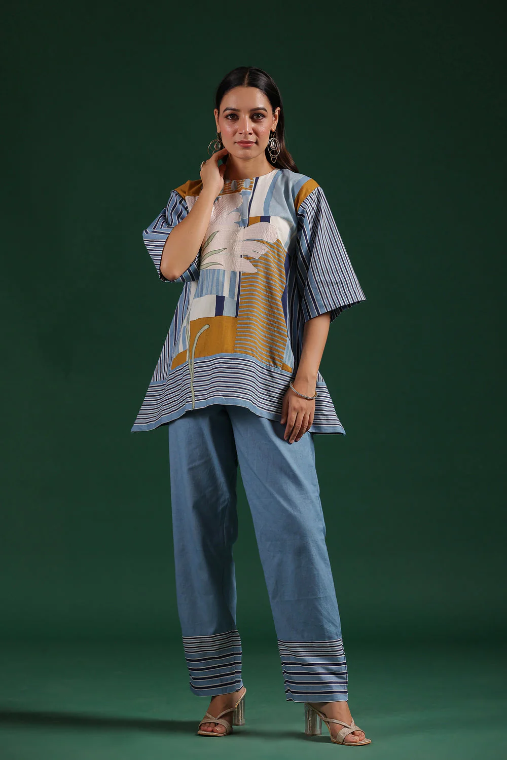 Blue Striped French Cotton Appliqued Co-Ord Set - Image 6