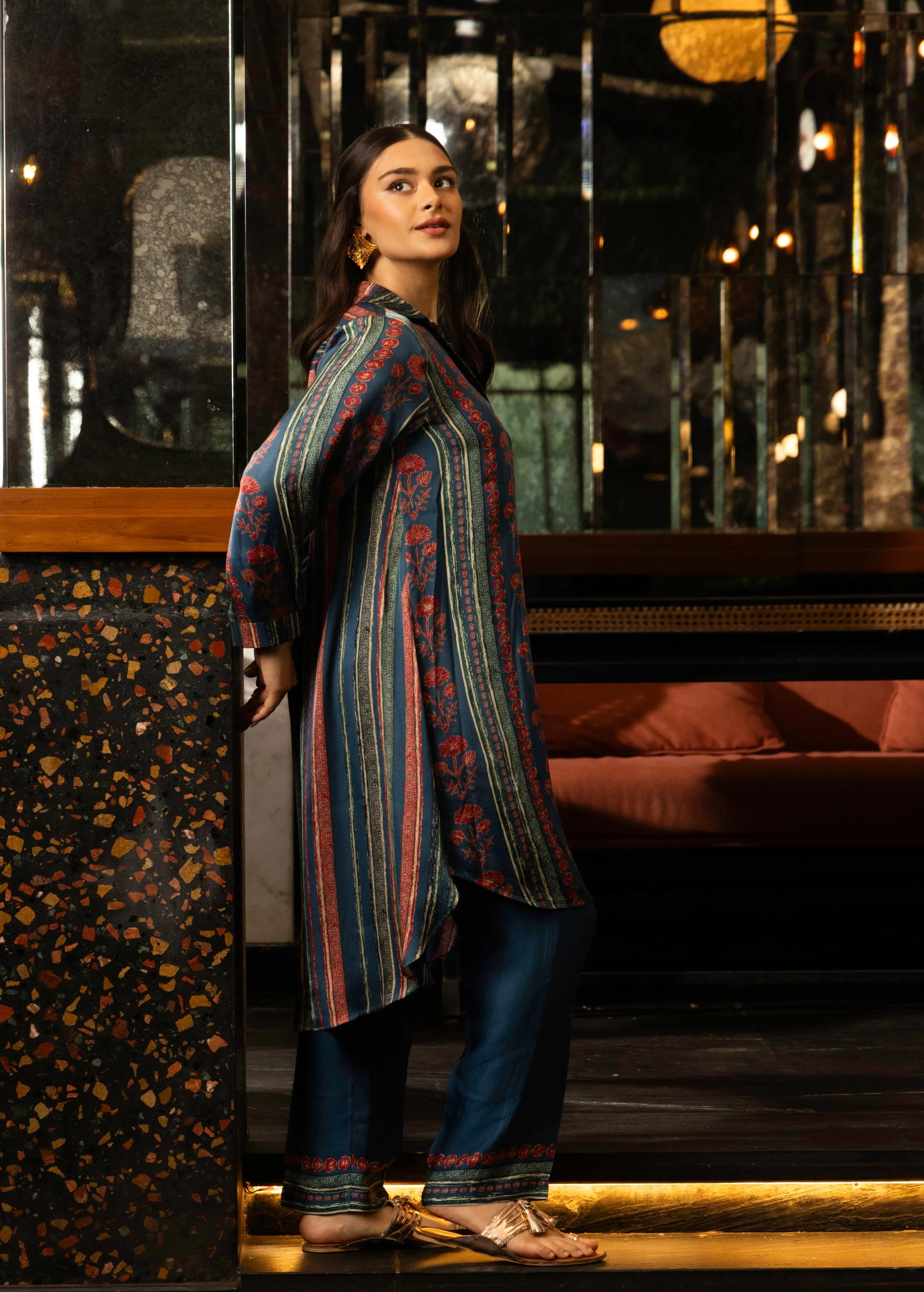 Blue Stripe Print Satin Silk Co-Ord Set - Image 2
