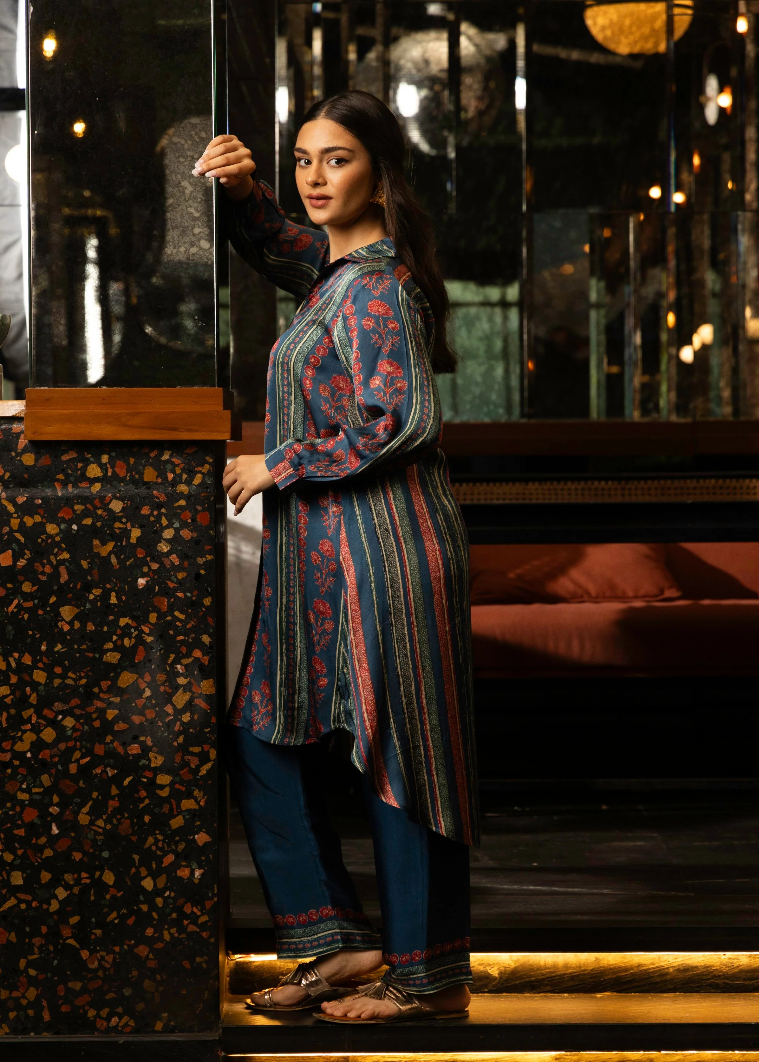 Blue Stripe Print Satin Silk Co-Ord Set - Image 3