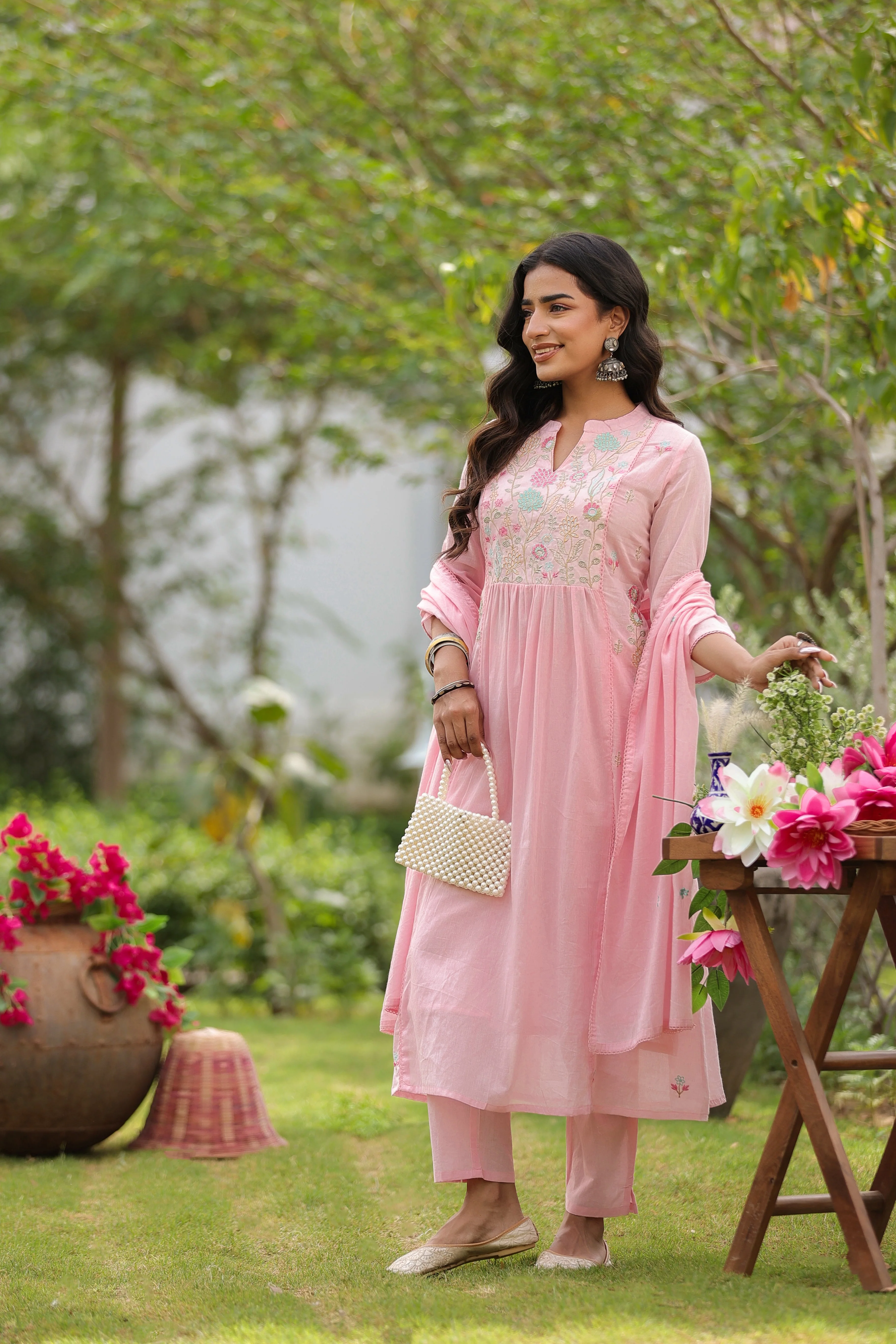 Blush Floral Embroidered Mul Cotton Anarkali Set - Image 3