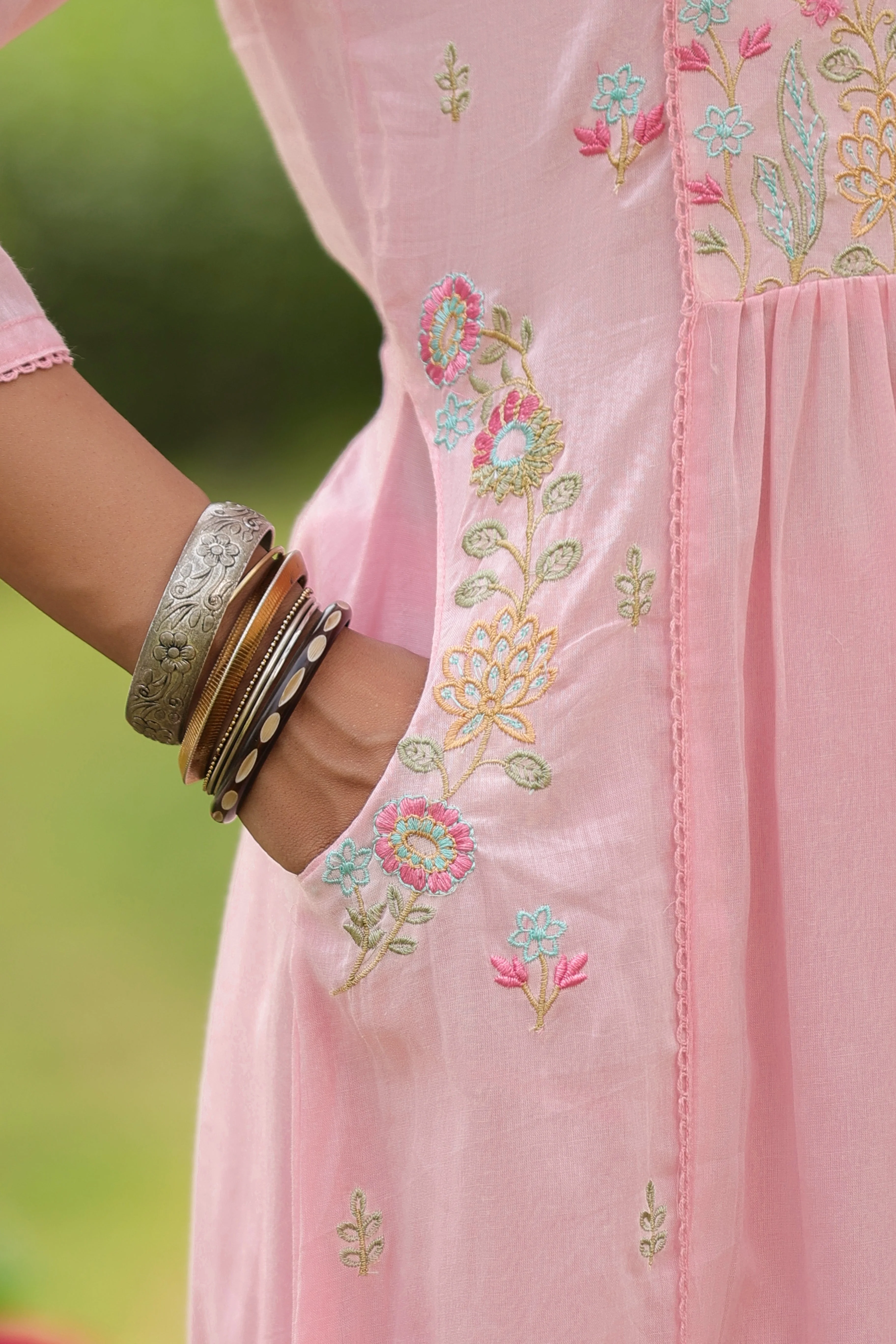 Blush Floral Embroidered Mul Cotton Anarkali Set - Image 4