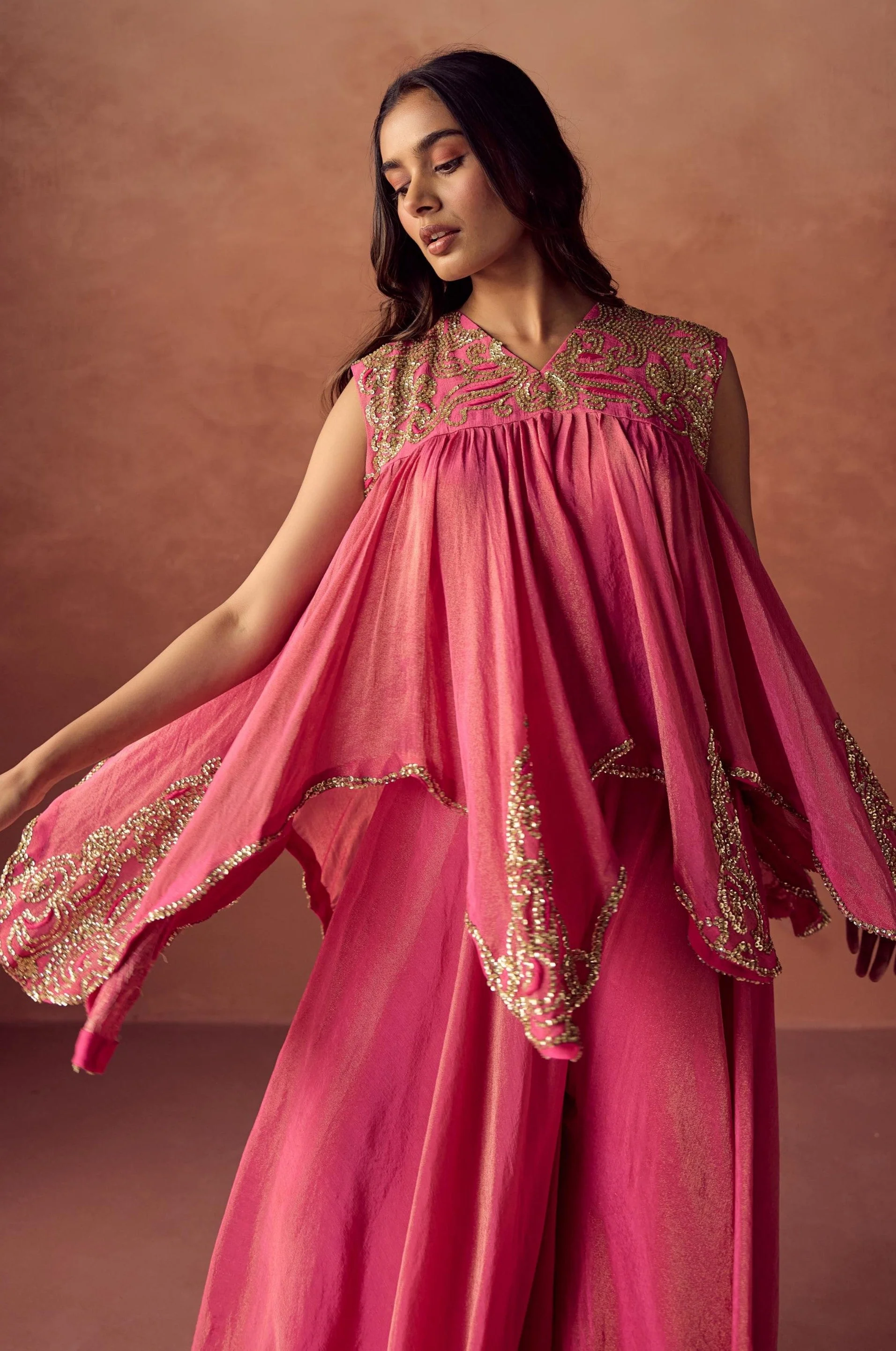 Blush Glimmer Embellished Shimmer Tissue Silk Tunic Set - Image 4