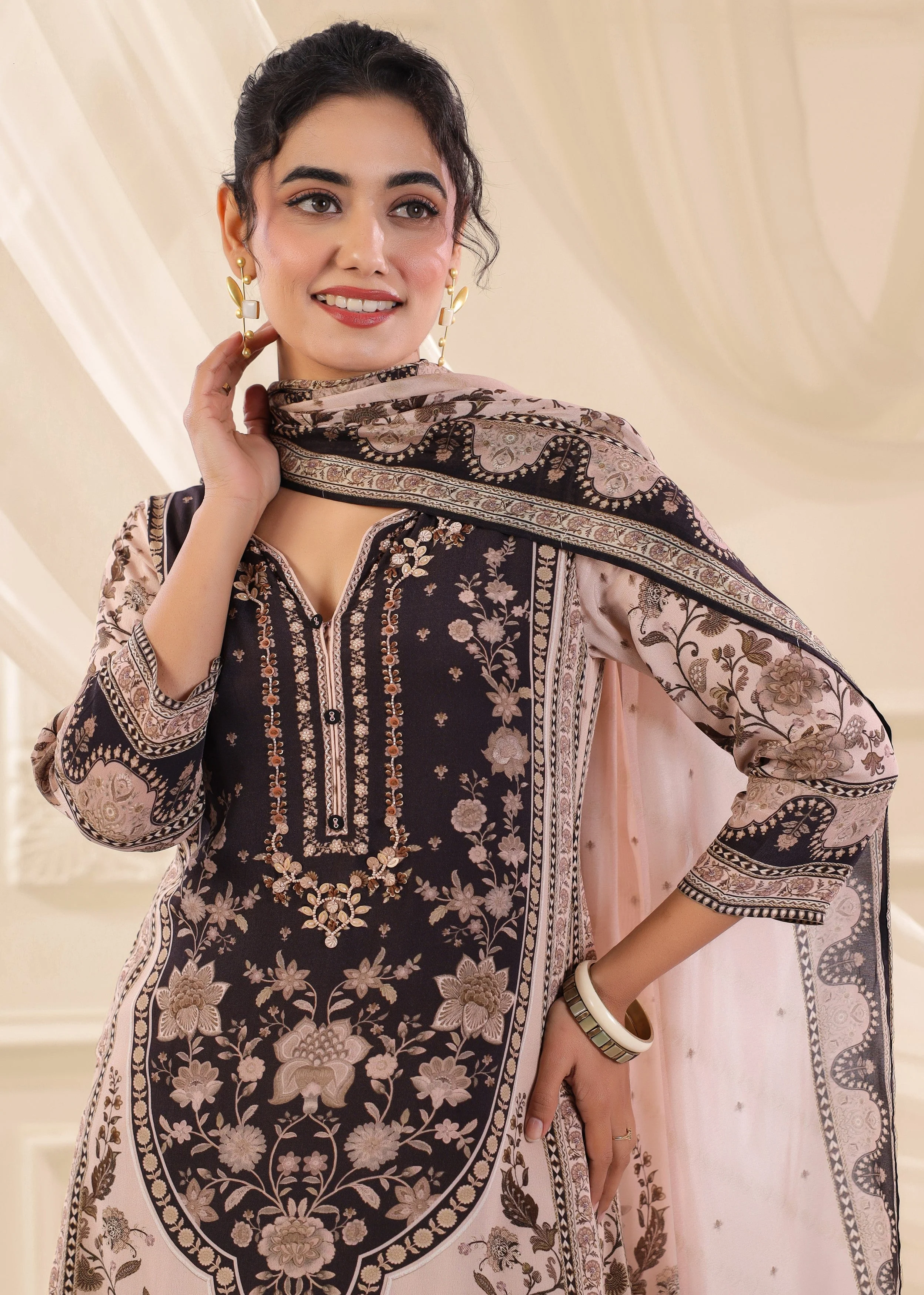 Blush Mocha Printed Crepe Silk Pant Set - Image 2