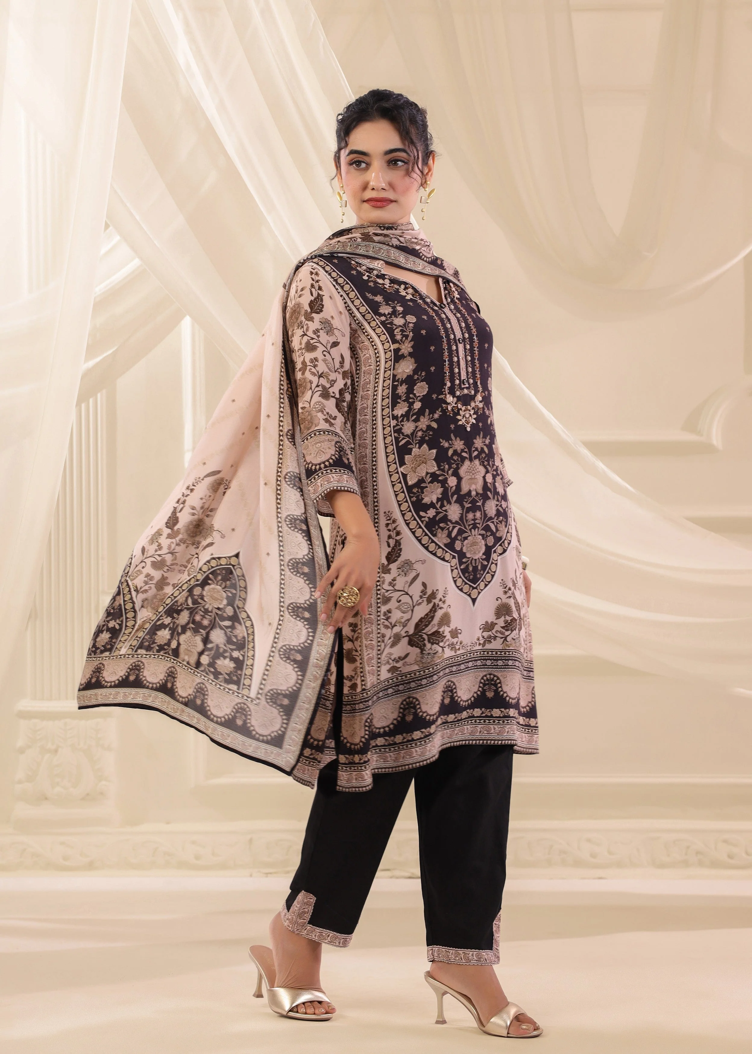 Blush Mocha Printed Crepe Silk Pant Set - Image 3