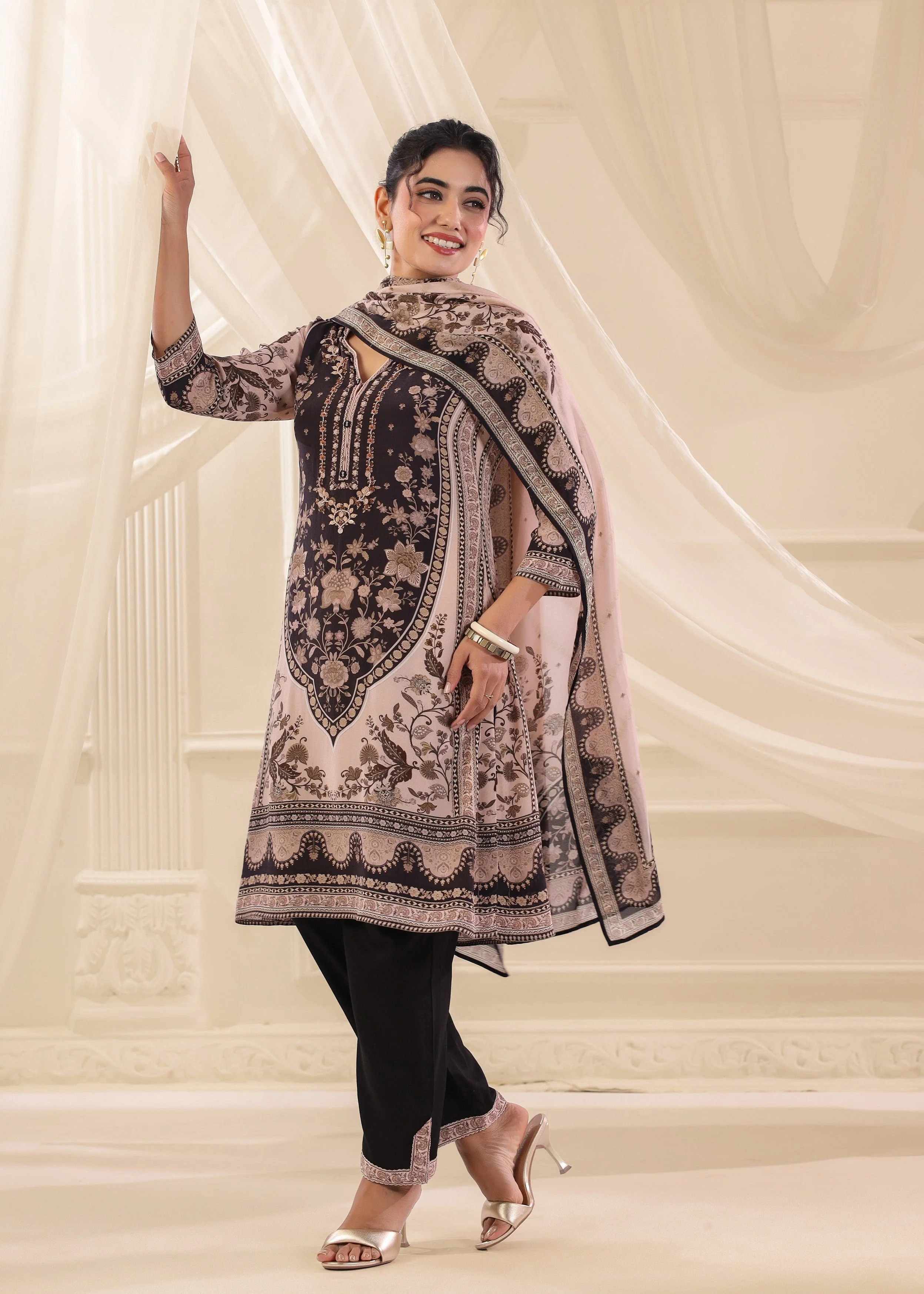 Blush Mocha Printed Crepe Silk Pant Set - Image 4