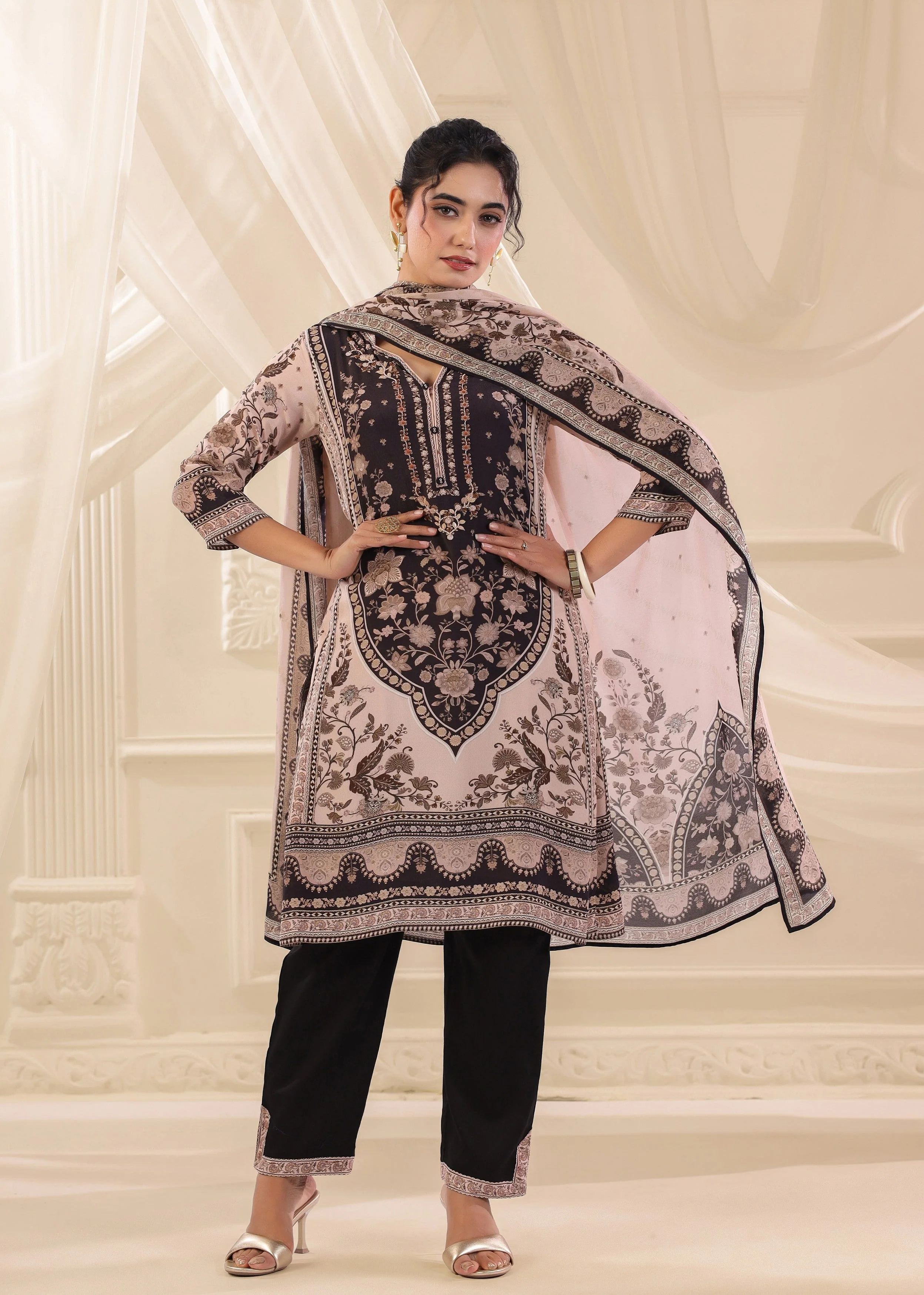 Blush Mocha Printed Crepe Silk Pant Set - Image 5