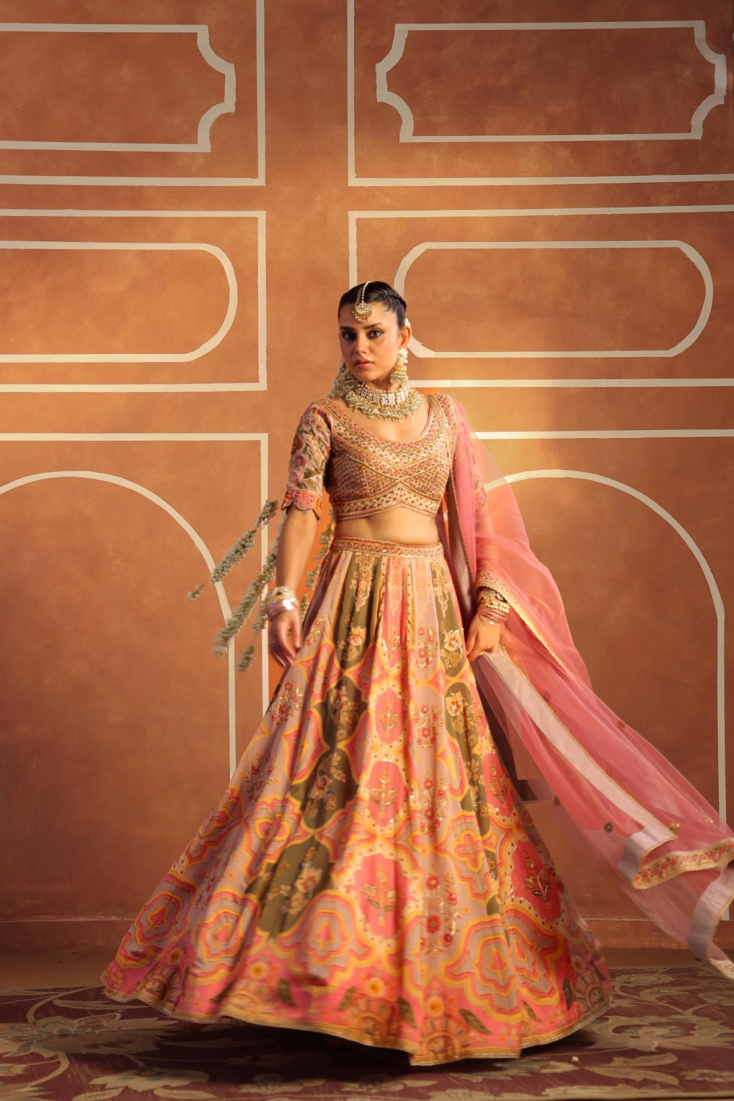 Blush Peach Embellished Linen Satin Lehenga Set - Image 2