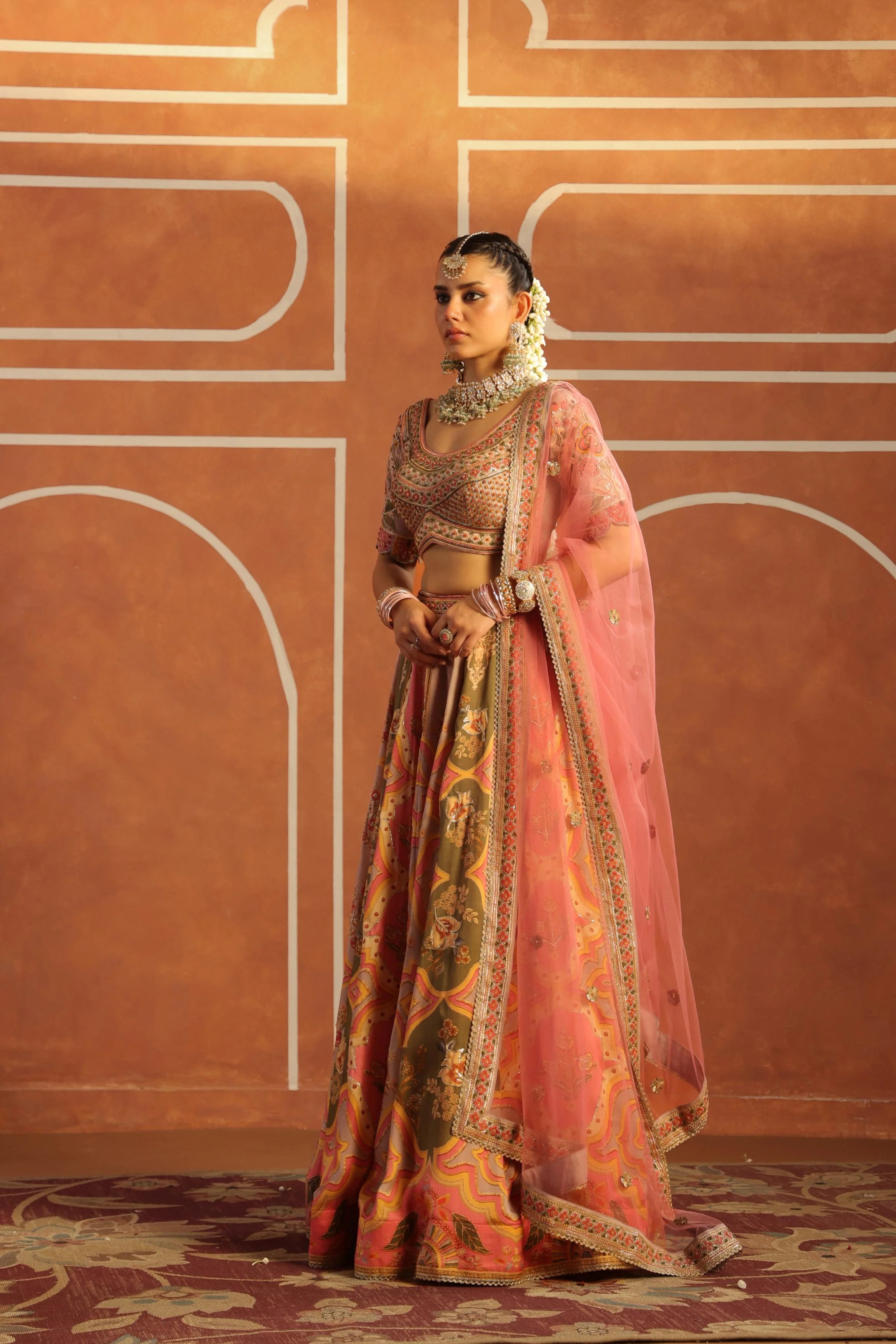 Blush Peach Embellished Linen Satin Lehenga Set - Image 3