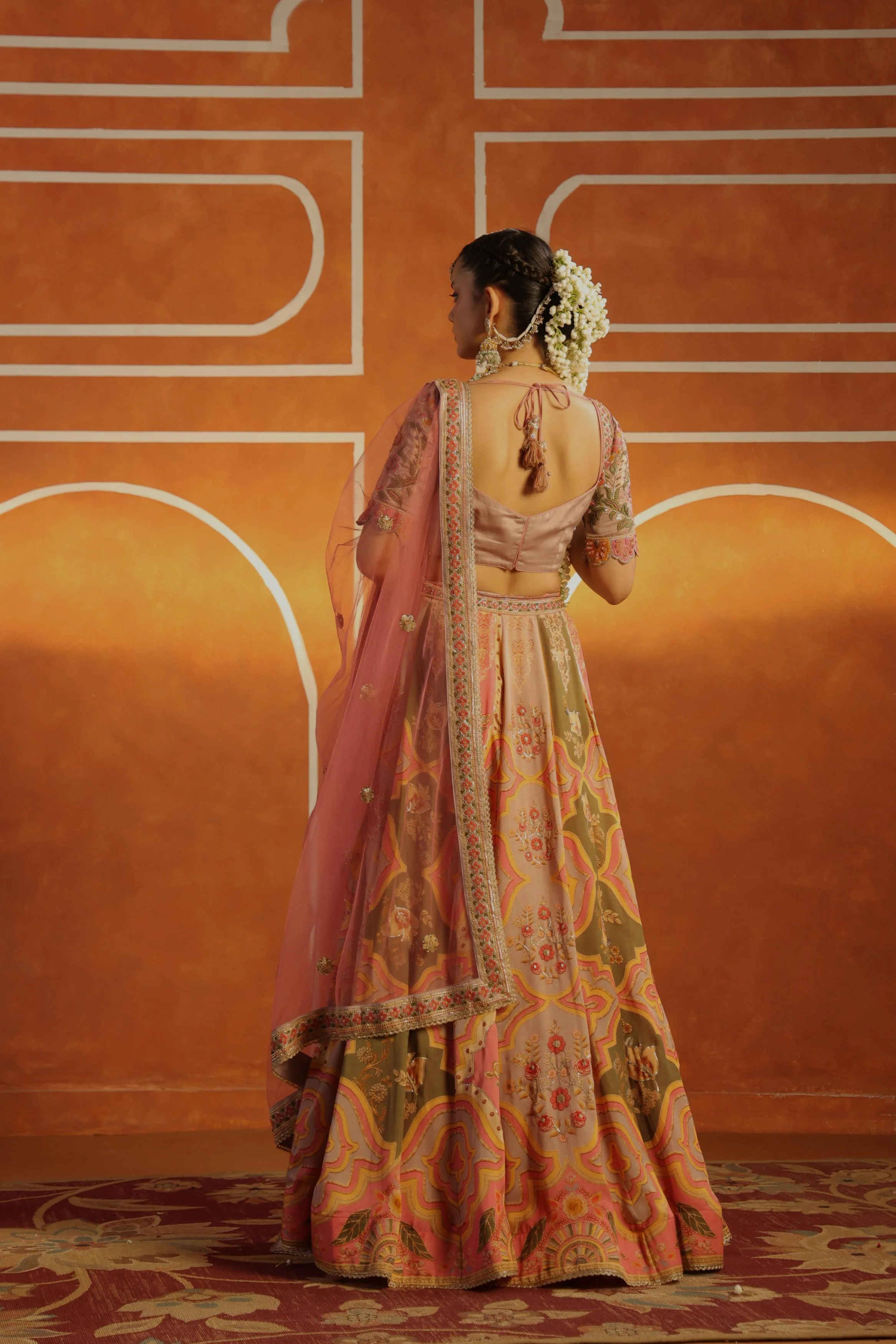 Blush Peach Embellished Linen Satin Lehenga Set - Image 4