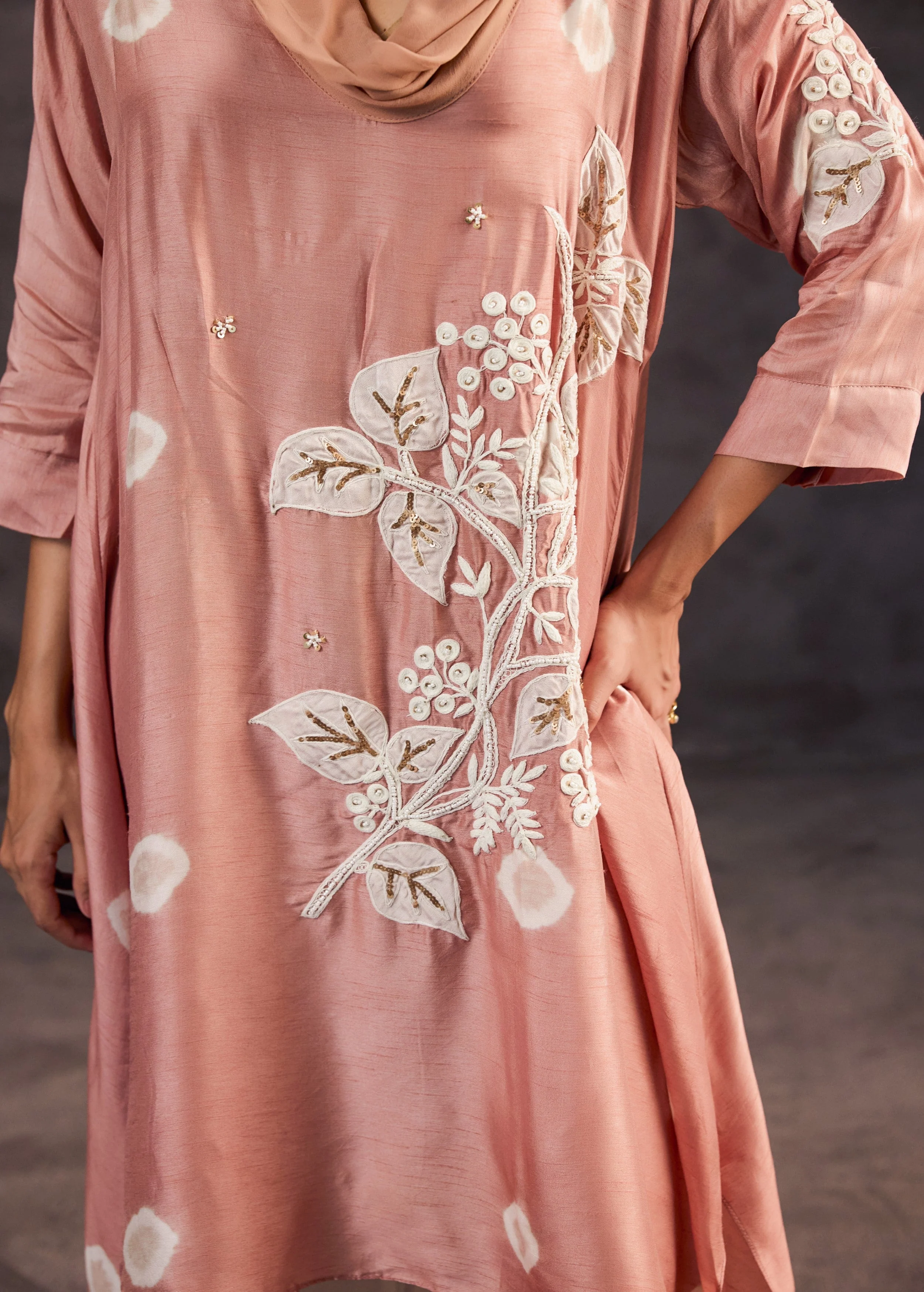 Blush Peach Embellished Raw Silk Kurta Set - Image 2