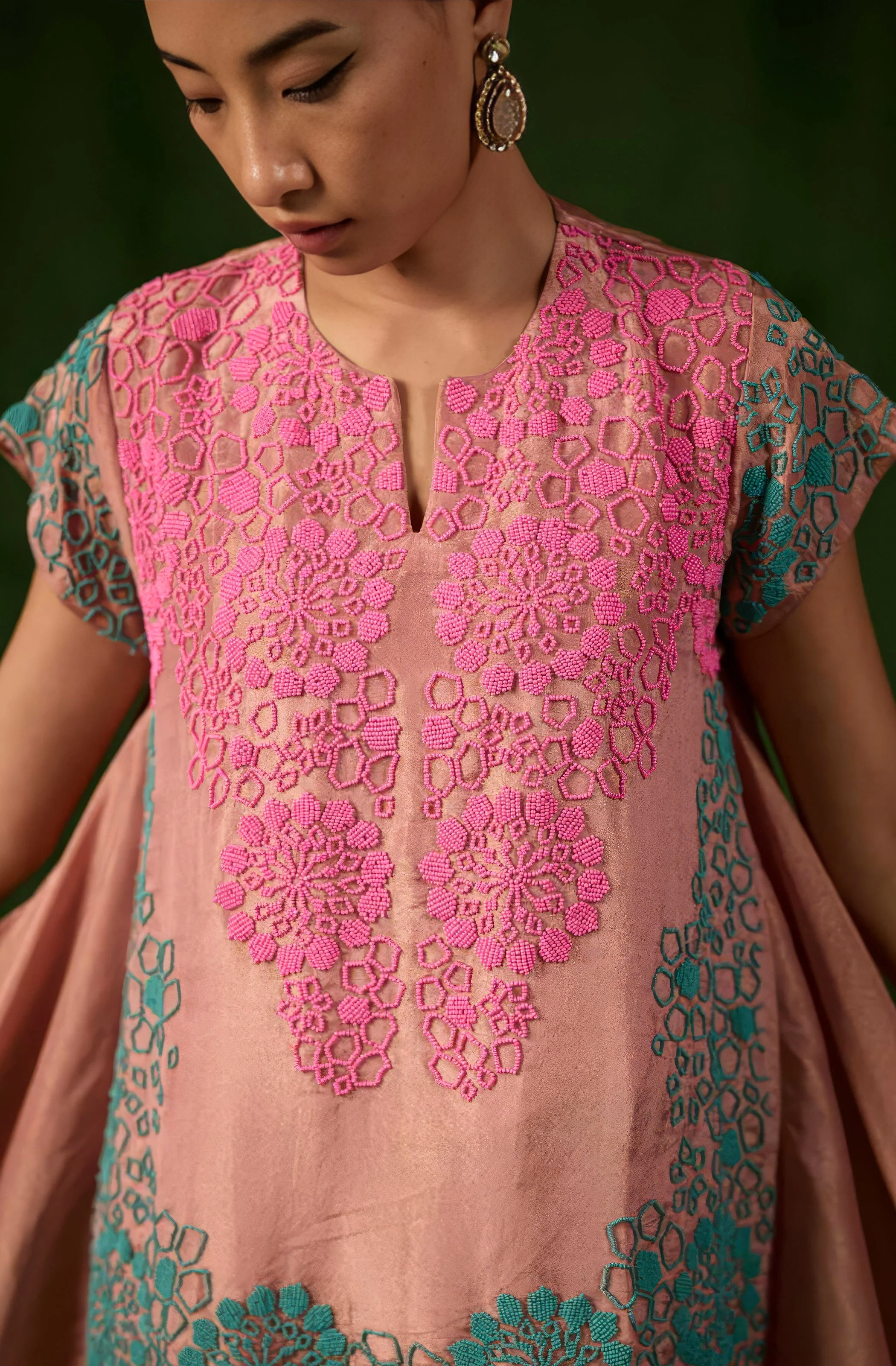 Blush Peach Embellished Shimmer Tissue Silk Co-Ord Set - Image 2