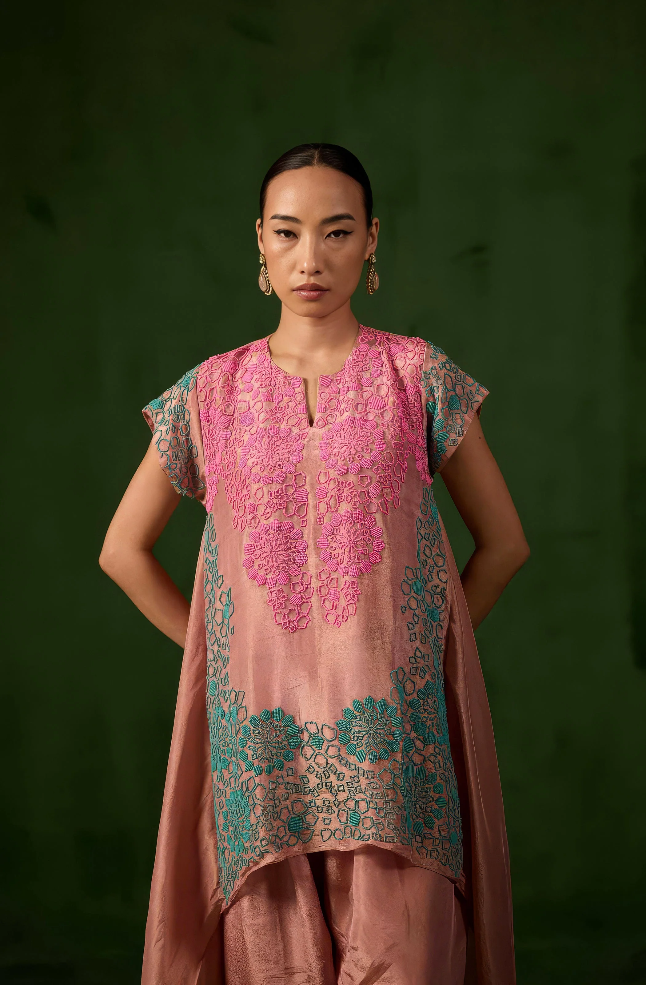 Blush Peach Embellished Shimmer Tissue Silk Co-Ord Set - Image 3