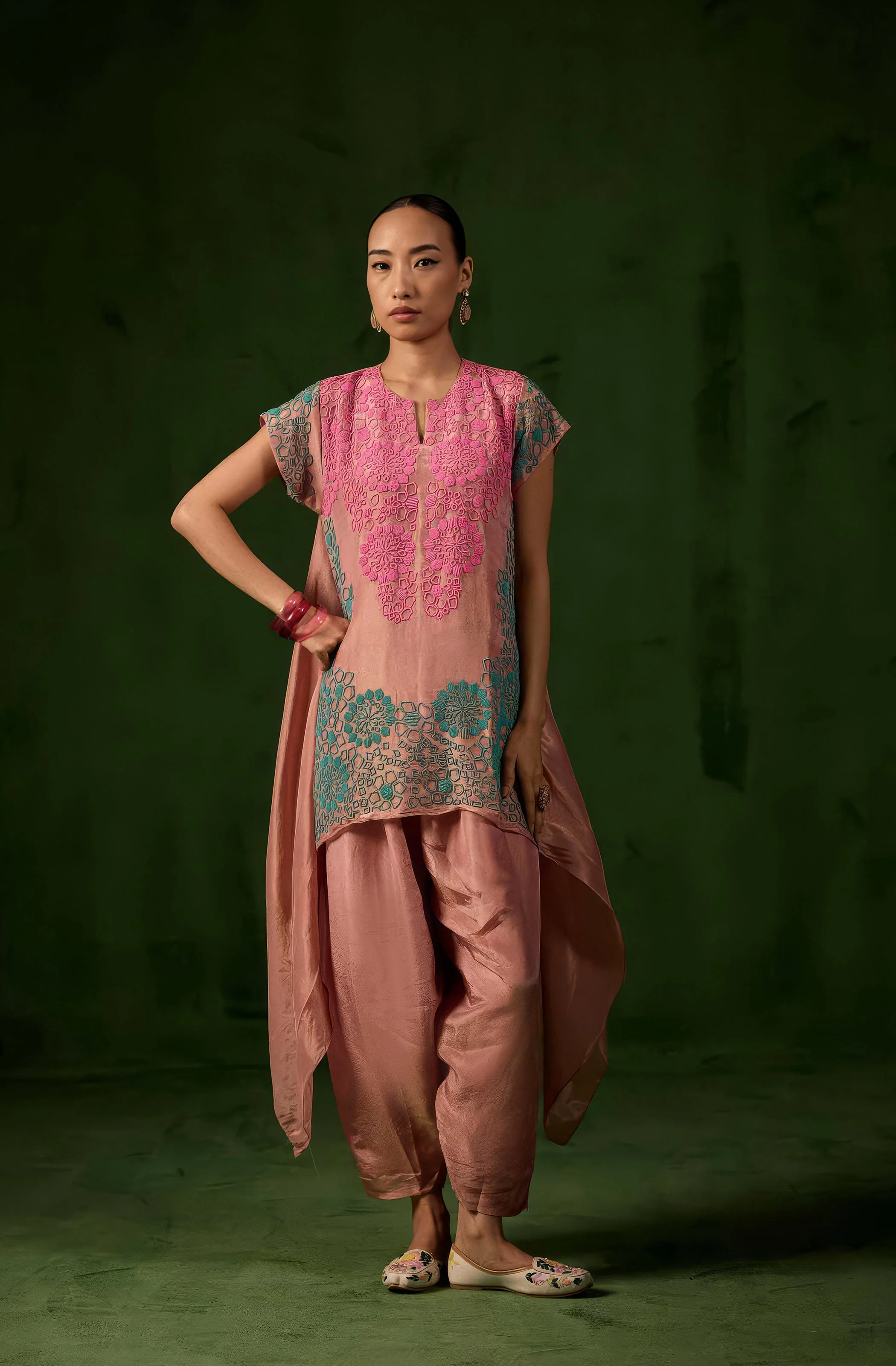 Blush Peach Embellished Shimmer Tissue Silk Co-Ord Set - Image 4