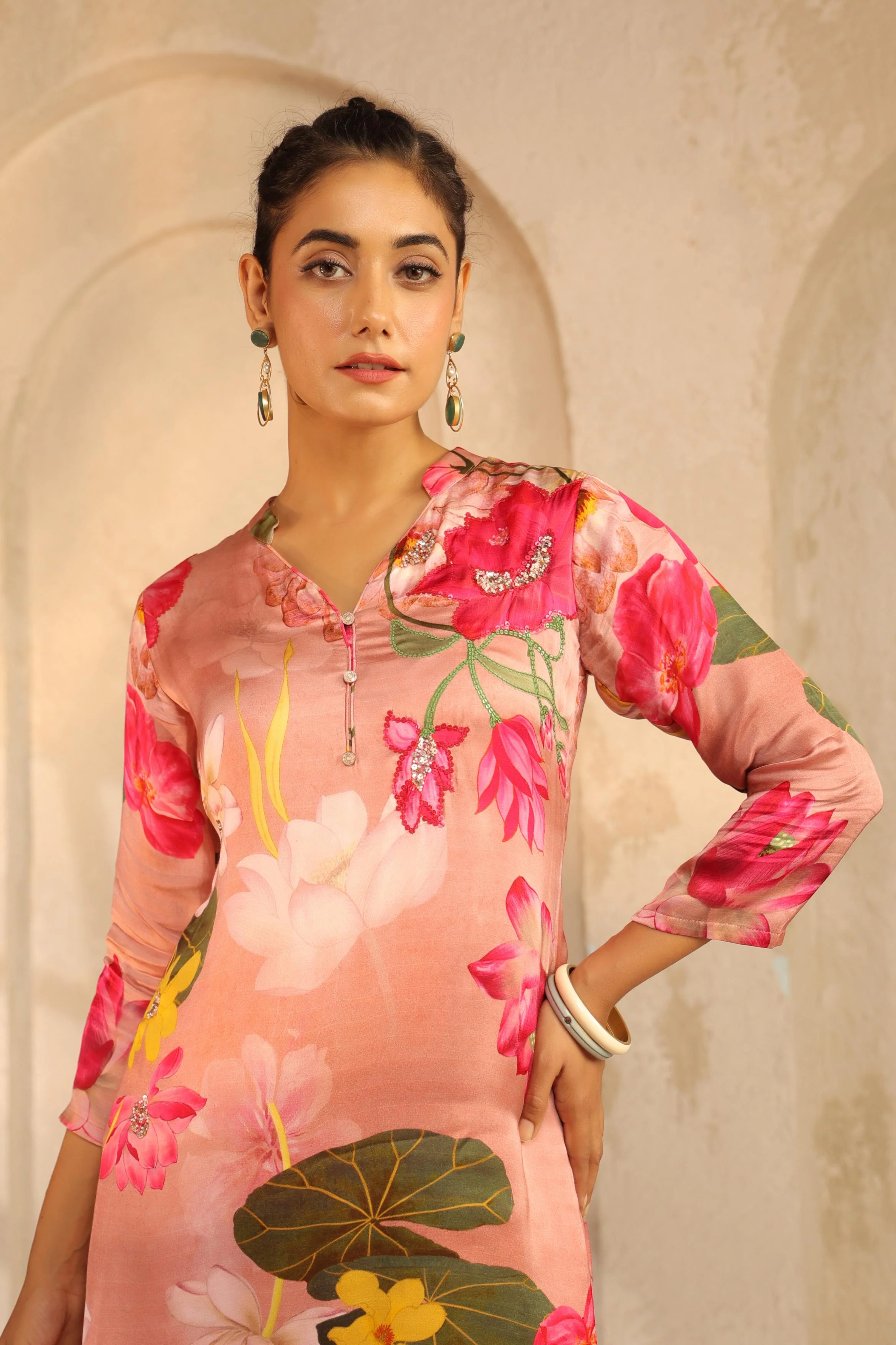 Blush Peach Printed Modal Satin Kurta Set - Image 2