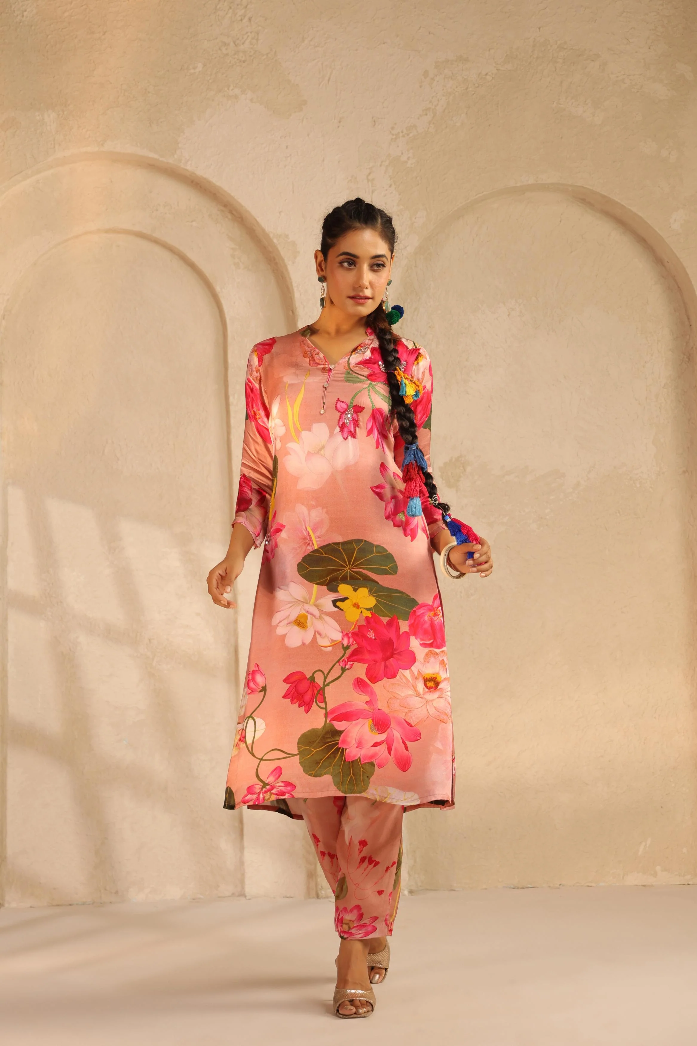 Blush Peach Printed Modal Satin Kurta Set - Image 3