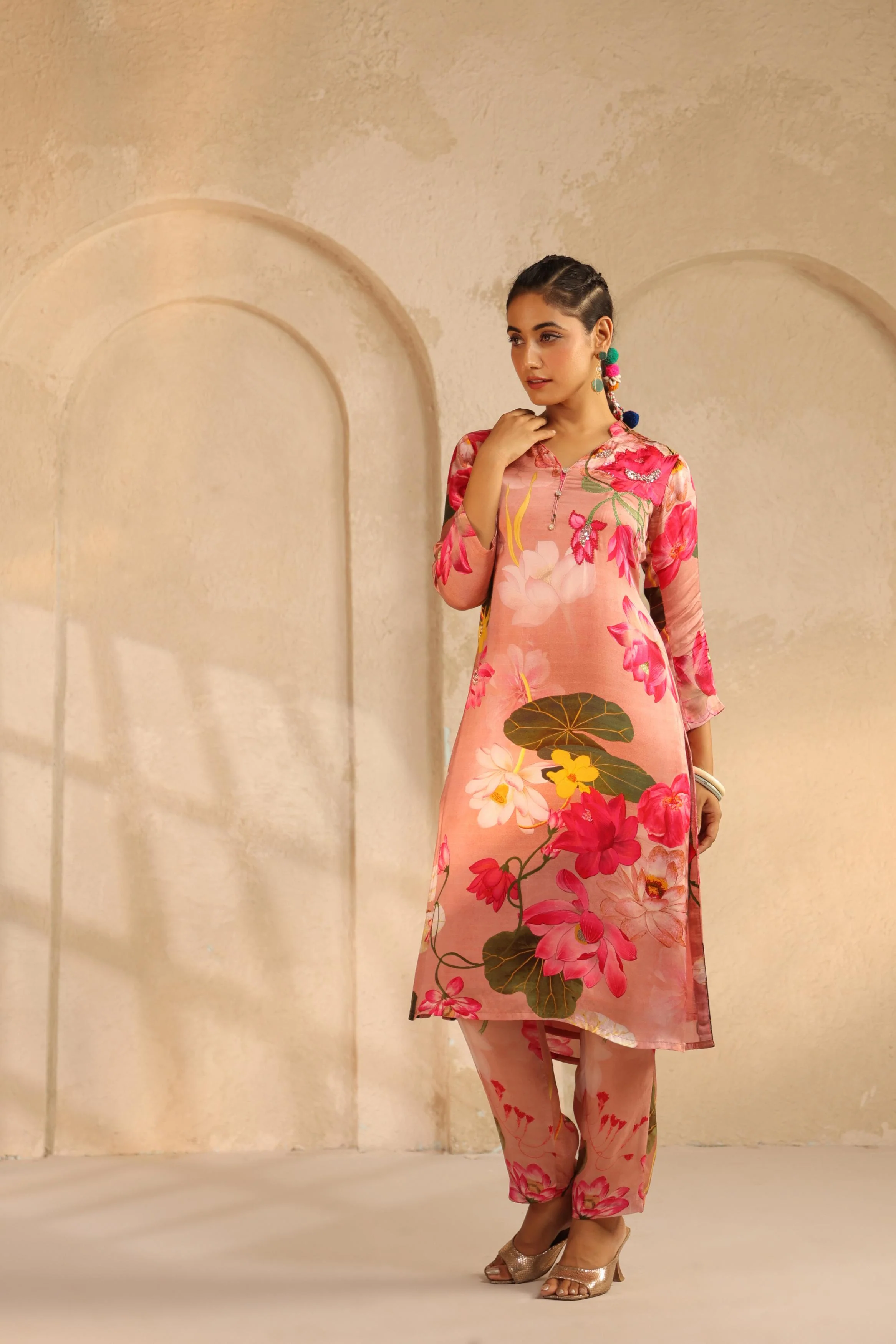 Blush Peach Printed Modal Satin Kurta Set - Image 4
