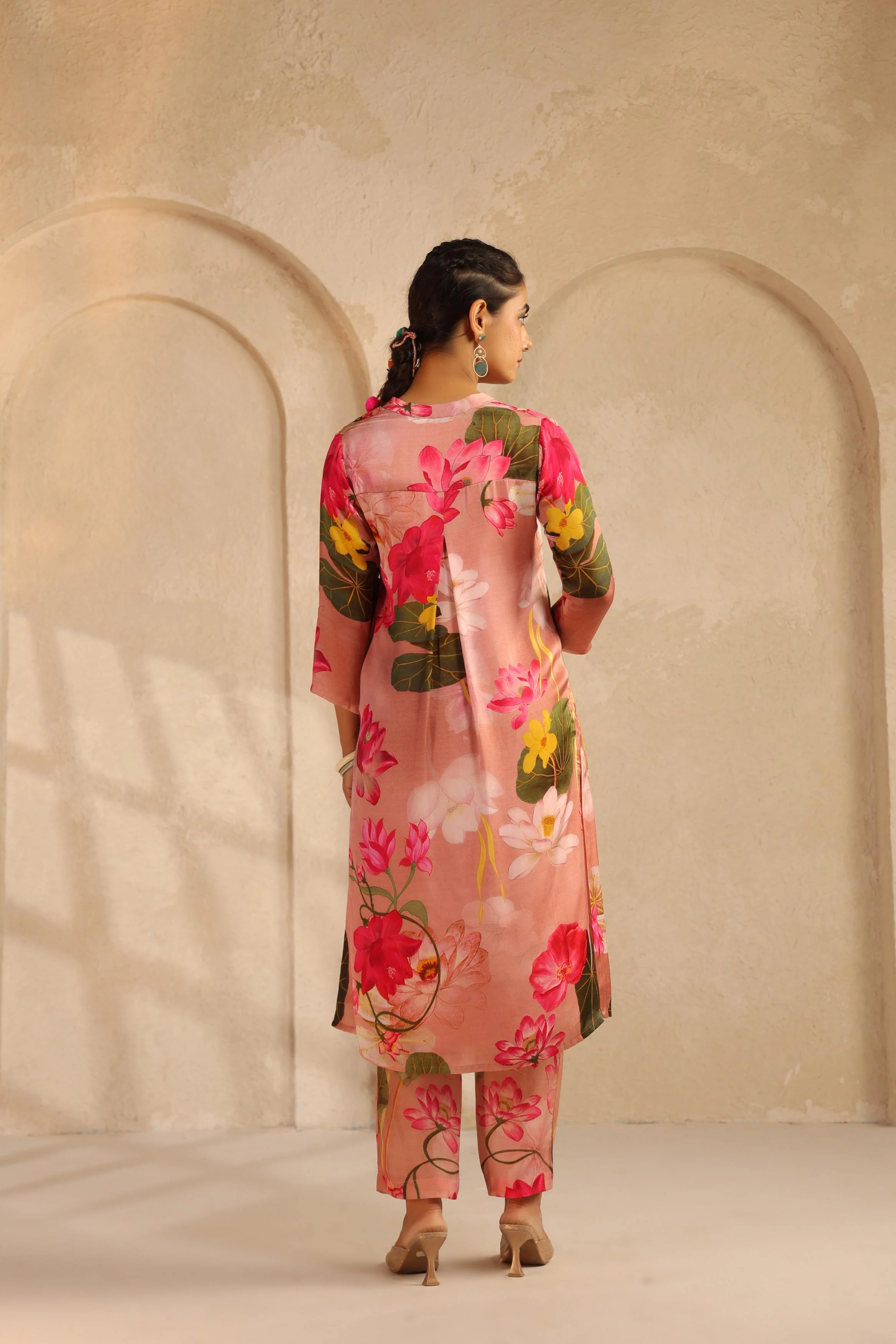 Blush Peach Printed Modal Satin Kurta Set - Image 5