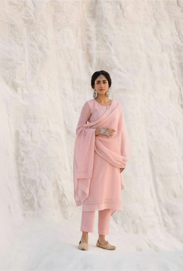 Blush Pink Chikankari Mul-Chanderi Silk Pant Set
