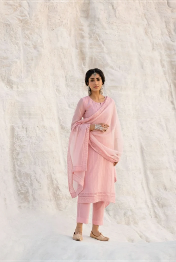 Blush Pink Chikankari Mul-Chanderi Silk Pant Set - Image 2