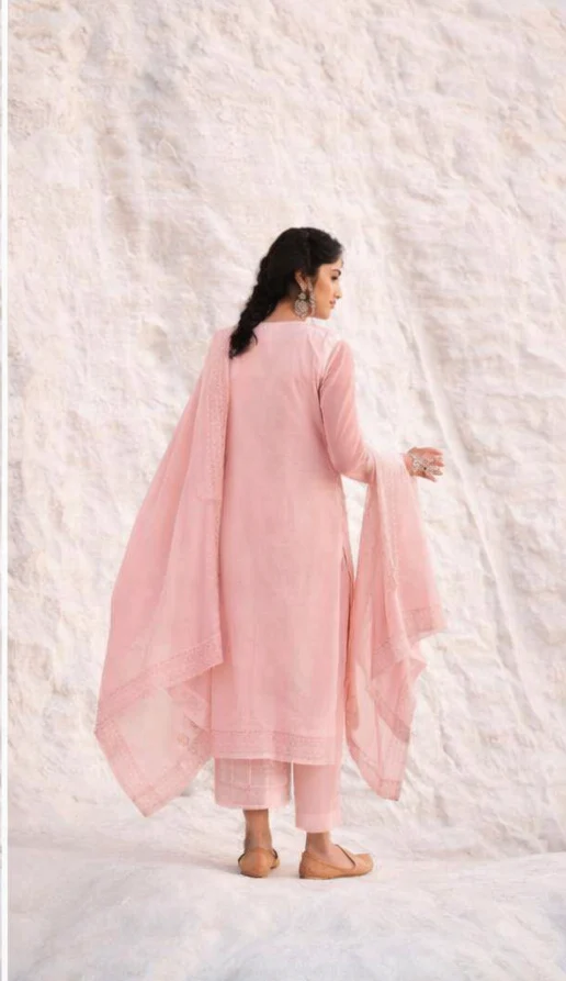 Blush Pink Chikankari Mul-Chanderi Silk Pant Set - Image 3