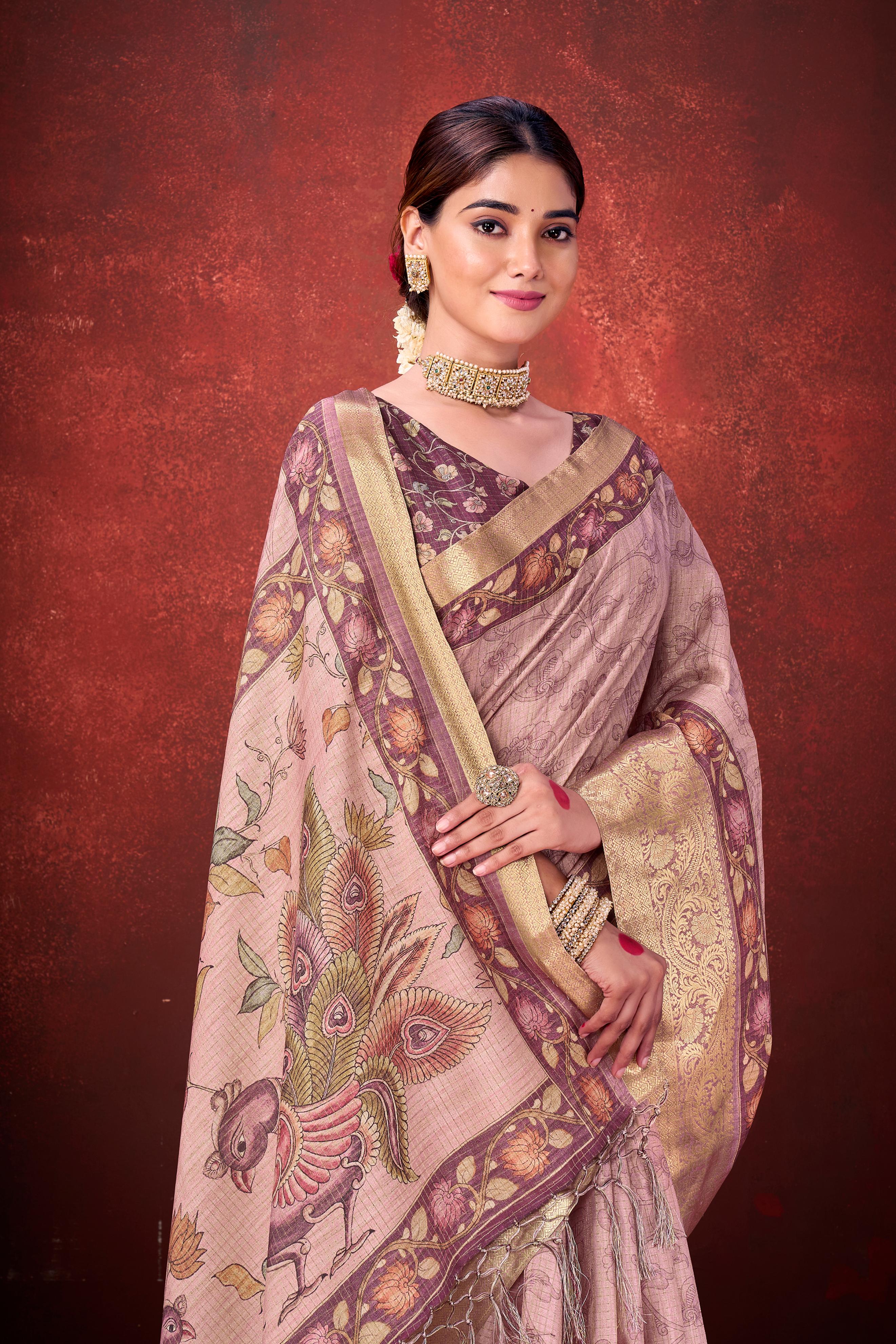 Blush Pink Cora Check Silk Printed Saree - Image 2