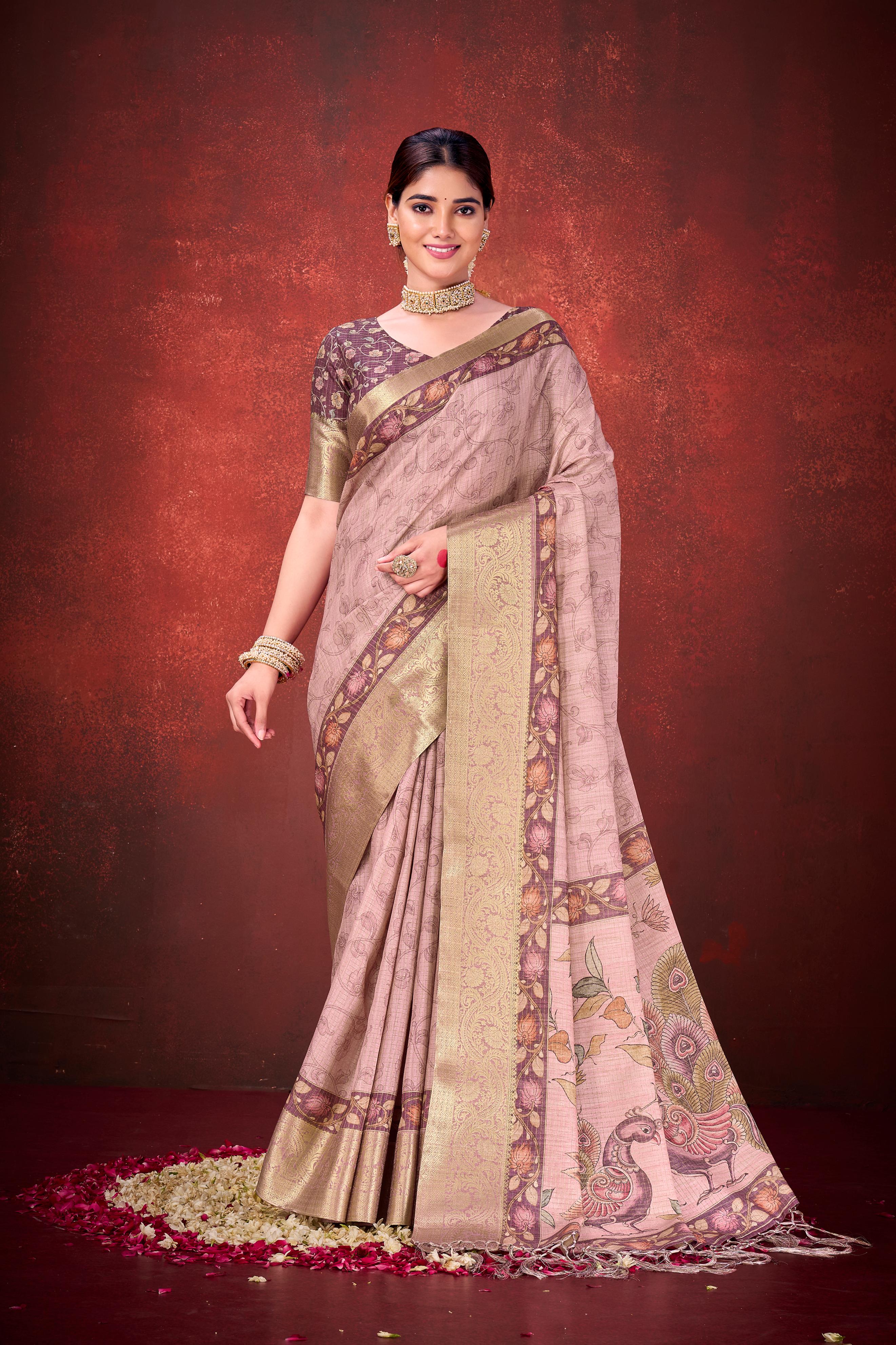 Blush Pink Cora Check Silk Printed Saree - Image 3