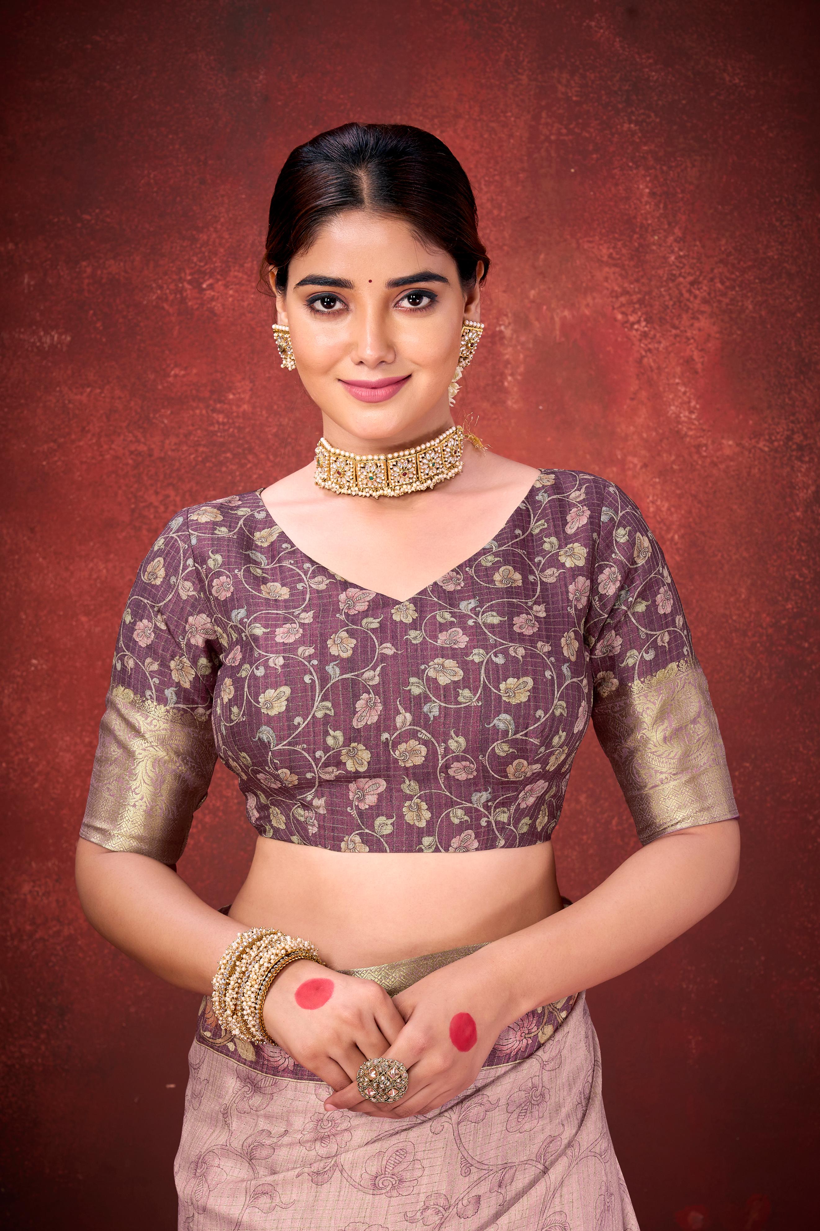 Blush Pink Cora Check Silk Printed Saree - Image 4