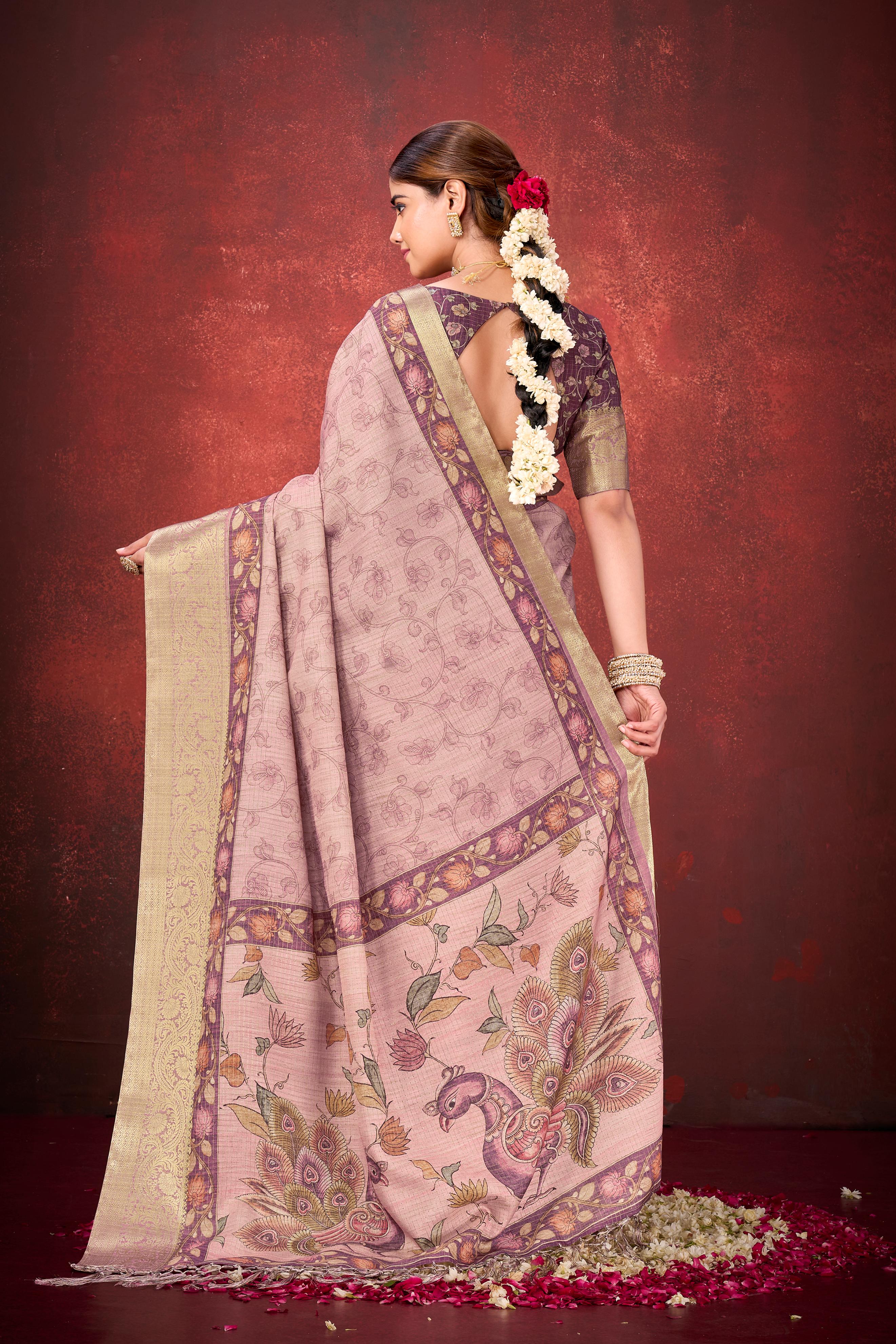 Blush Pink Cora Check Silk Printed Saree - Image 5